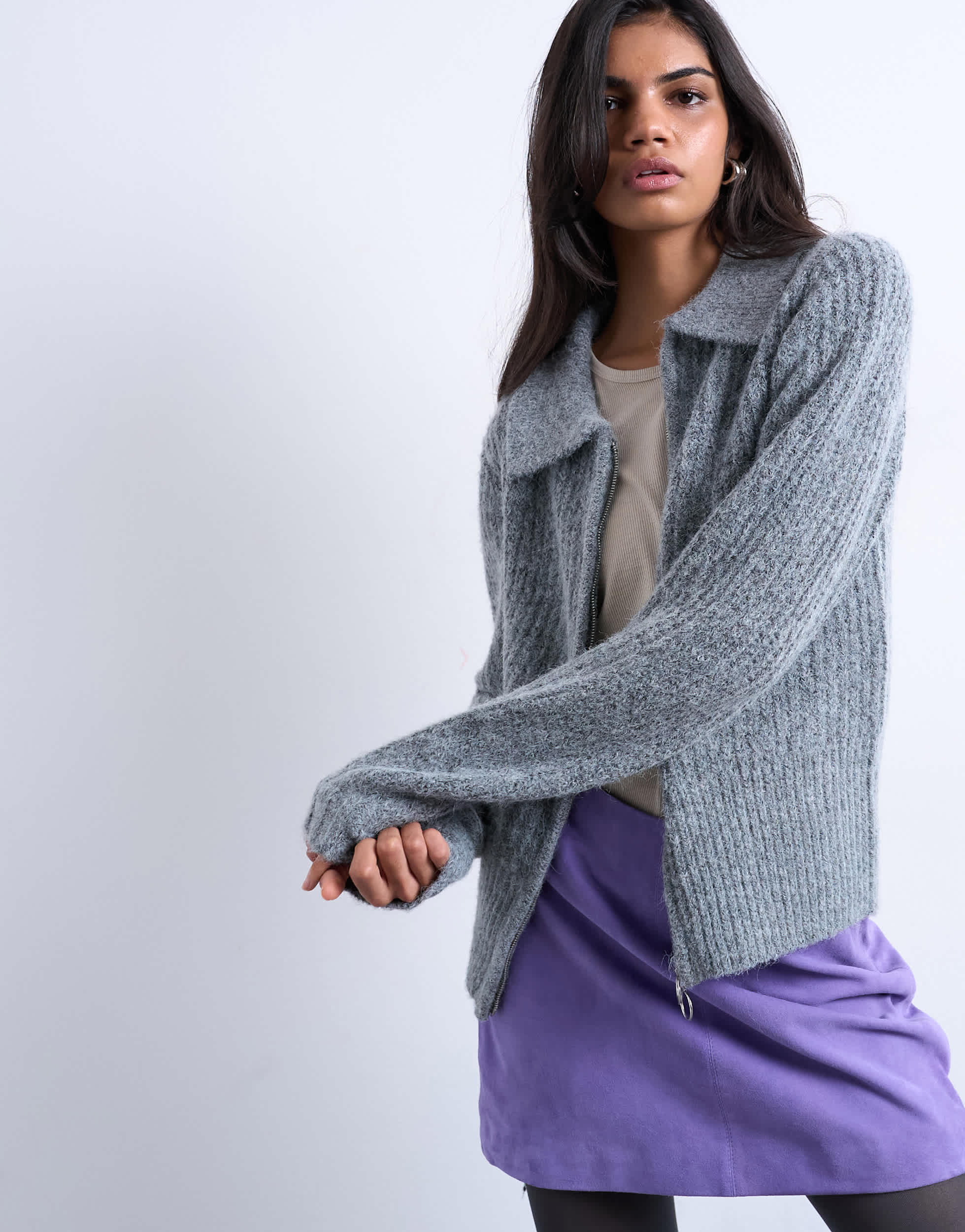 Topshop Strickjacke mit Strickkragen und Reißverschlussring in Grau