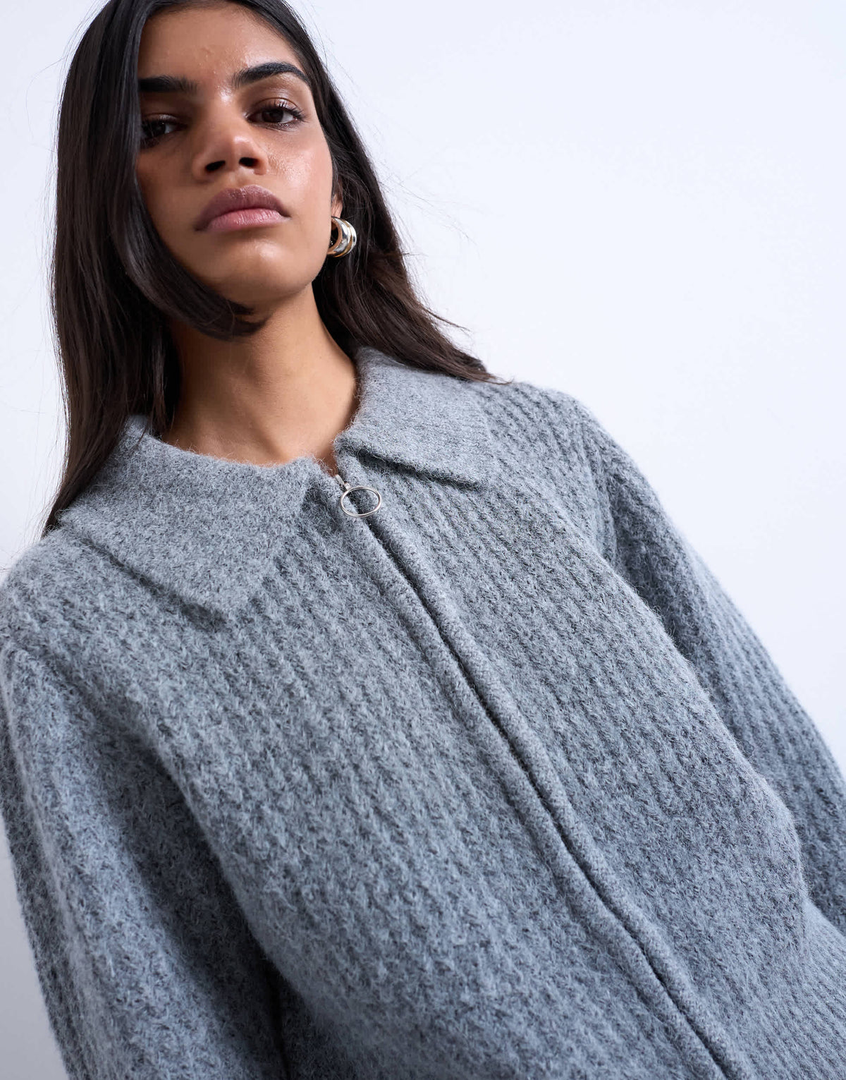Topshop knitted collar zip ring cardi in grey