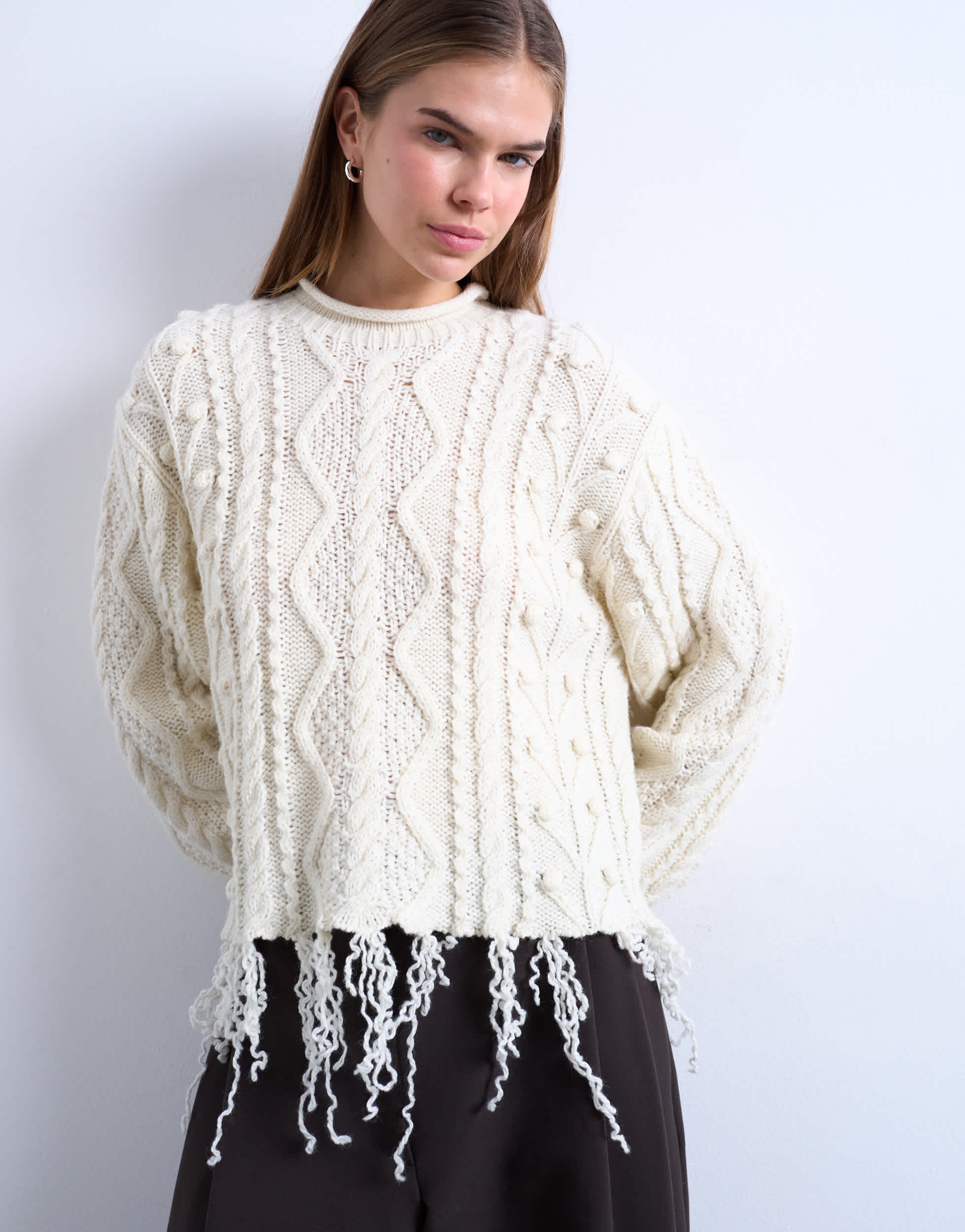 Topshop-Strickpullover mit Zopfmuster im Used-Look in Elfenbein