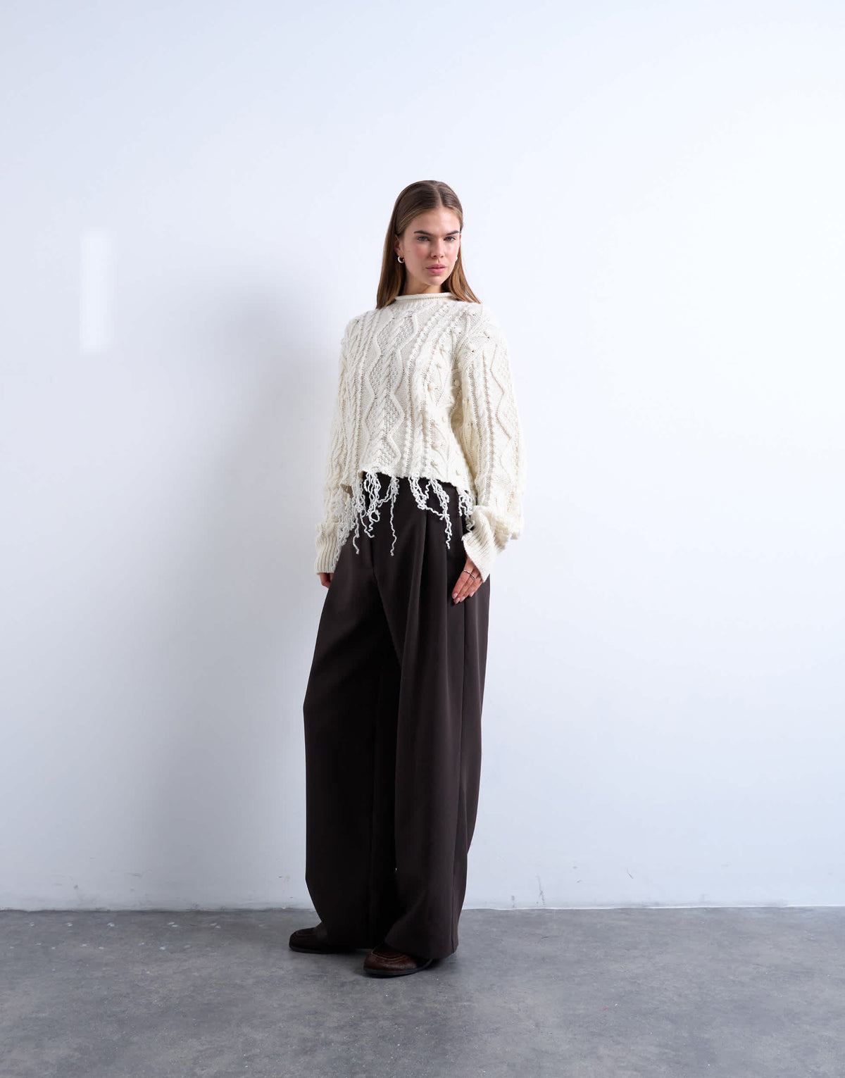 Topshop knitted distressed cable jumper in ivory