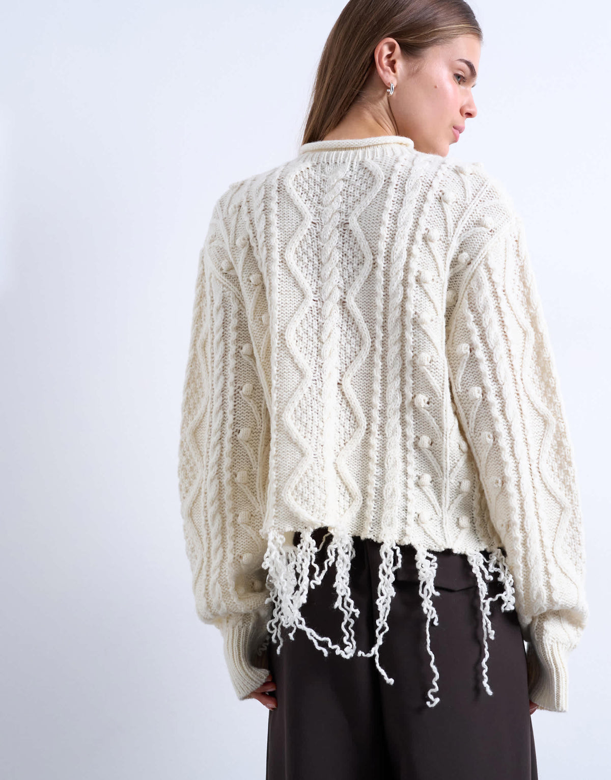 Topshop knitted distressed cable jumper in ivory