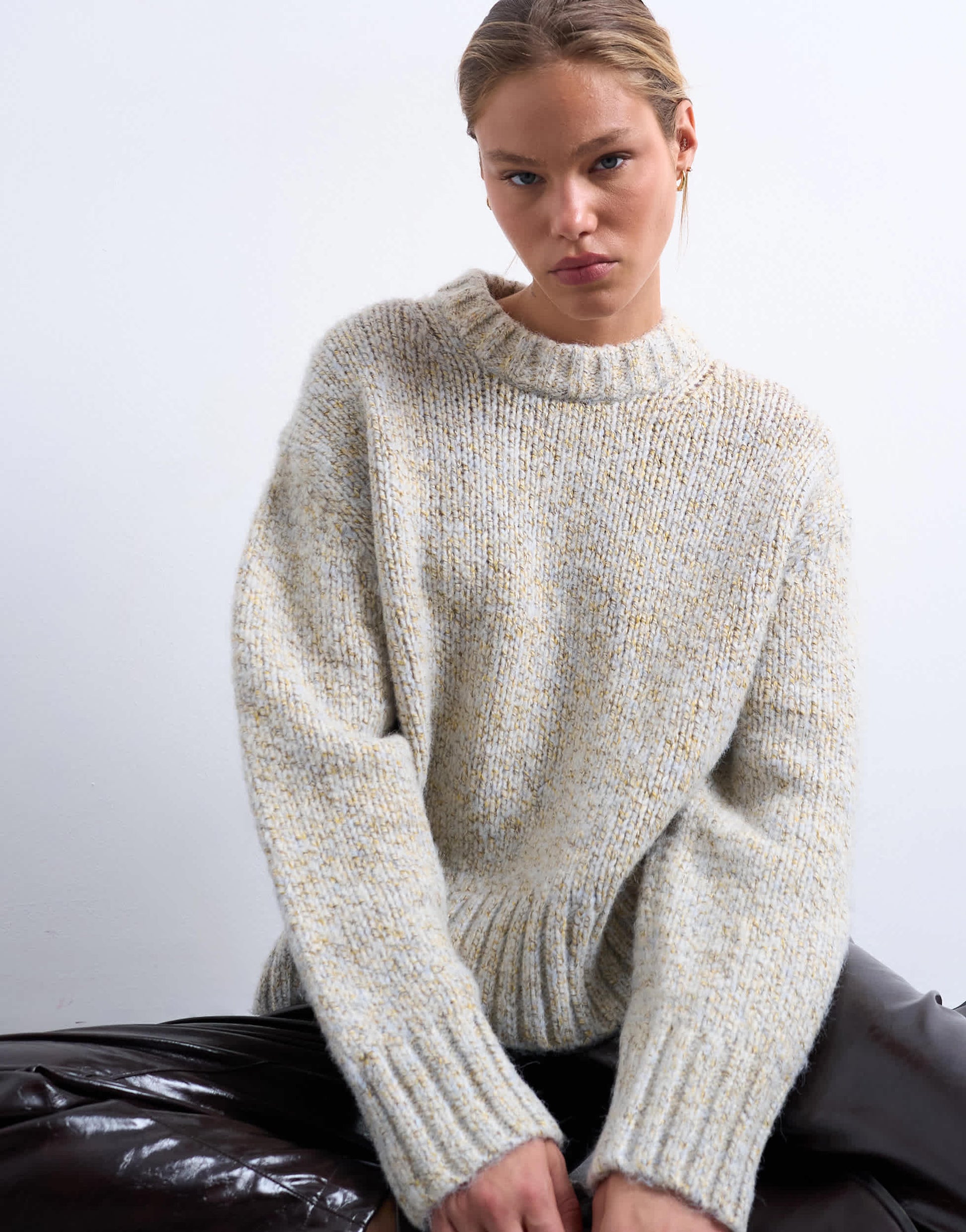 Topshop knitted twisted fluffy boxy jumper in blue and yellow multi