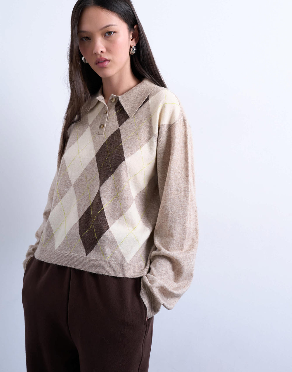Topshop knitted fine argyle polo in Oat