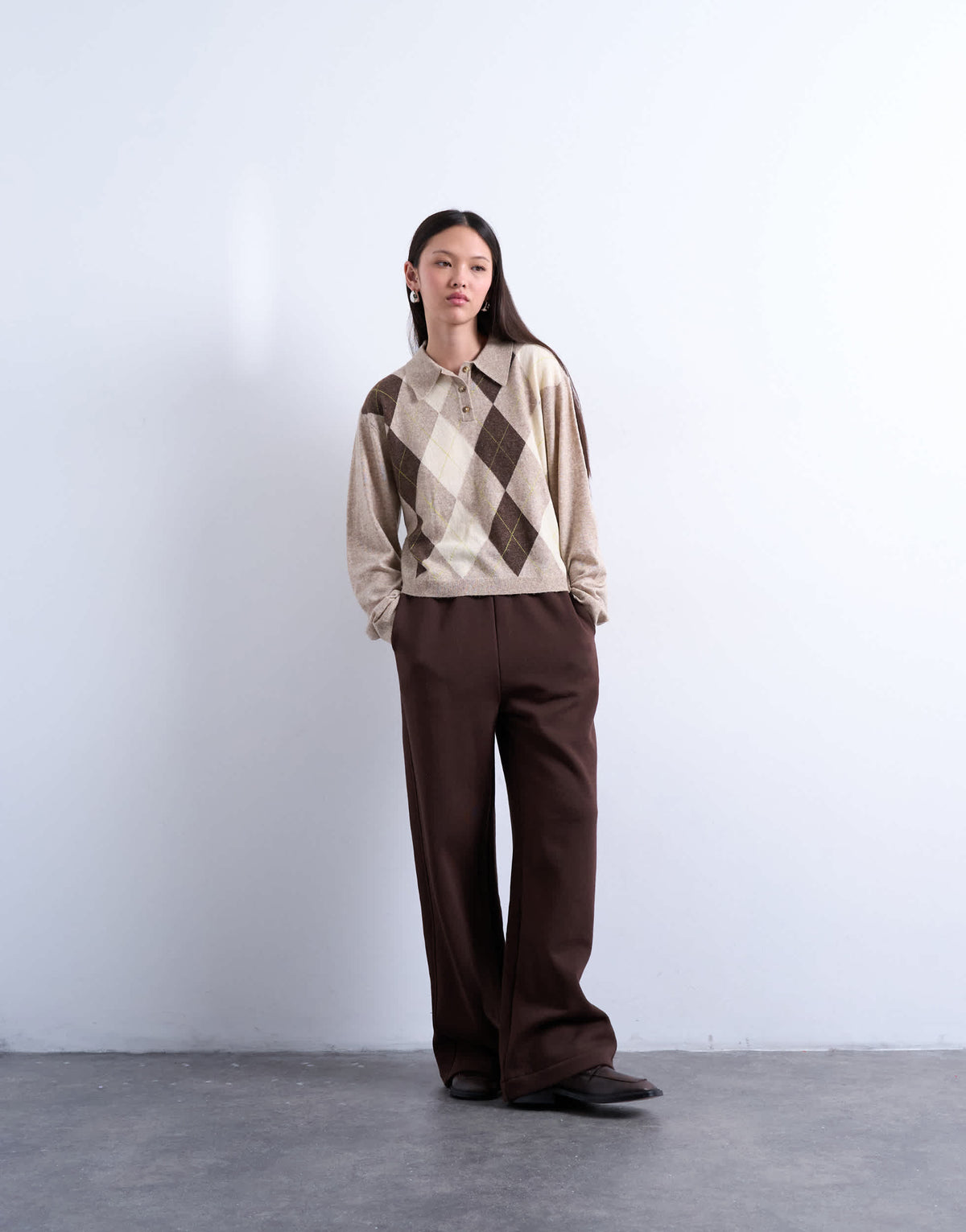 Topshop knitted fine argyle polo in Oat