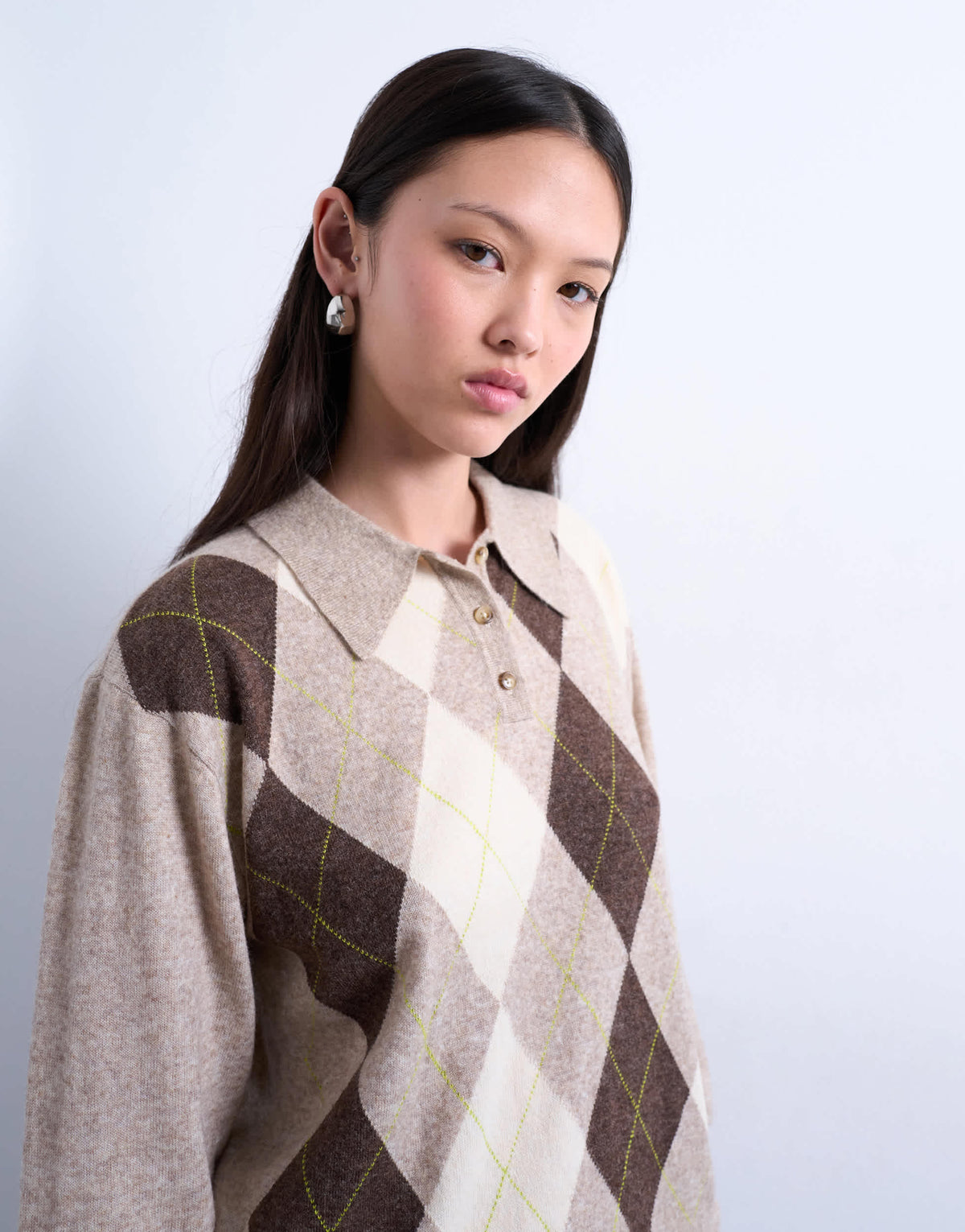 Topshop knitted fine argyle polo in Oat