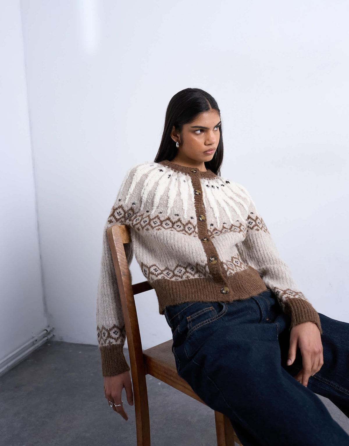 Topshop knitted chunky fairisle cardigan in neutral