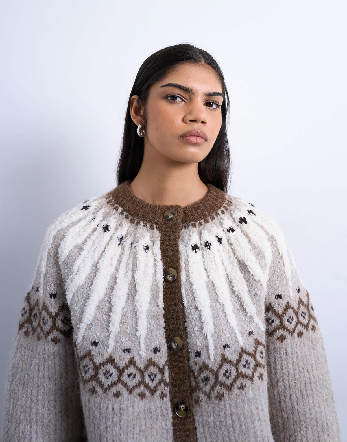 Topshop knitted chunky fairisle cardigan in neutral