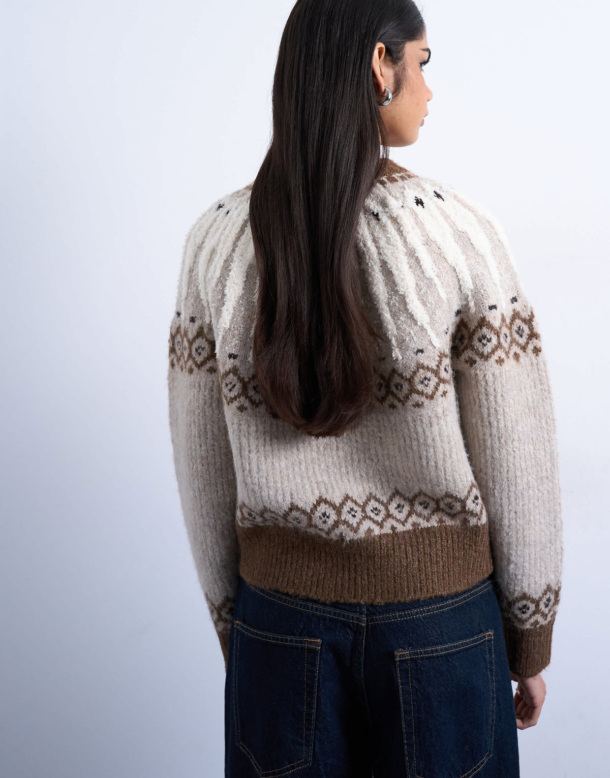 Topshop knitted chunky fairisle cardigan in neutral