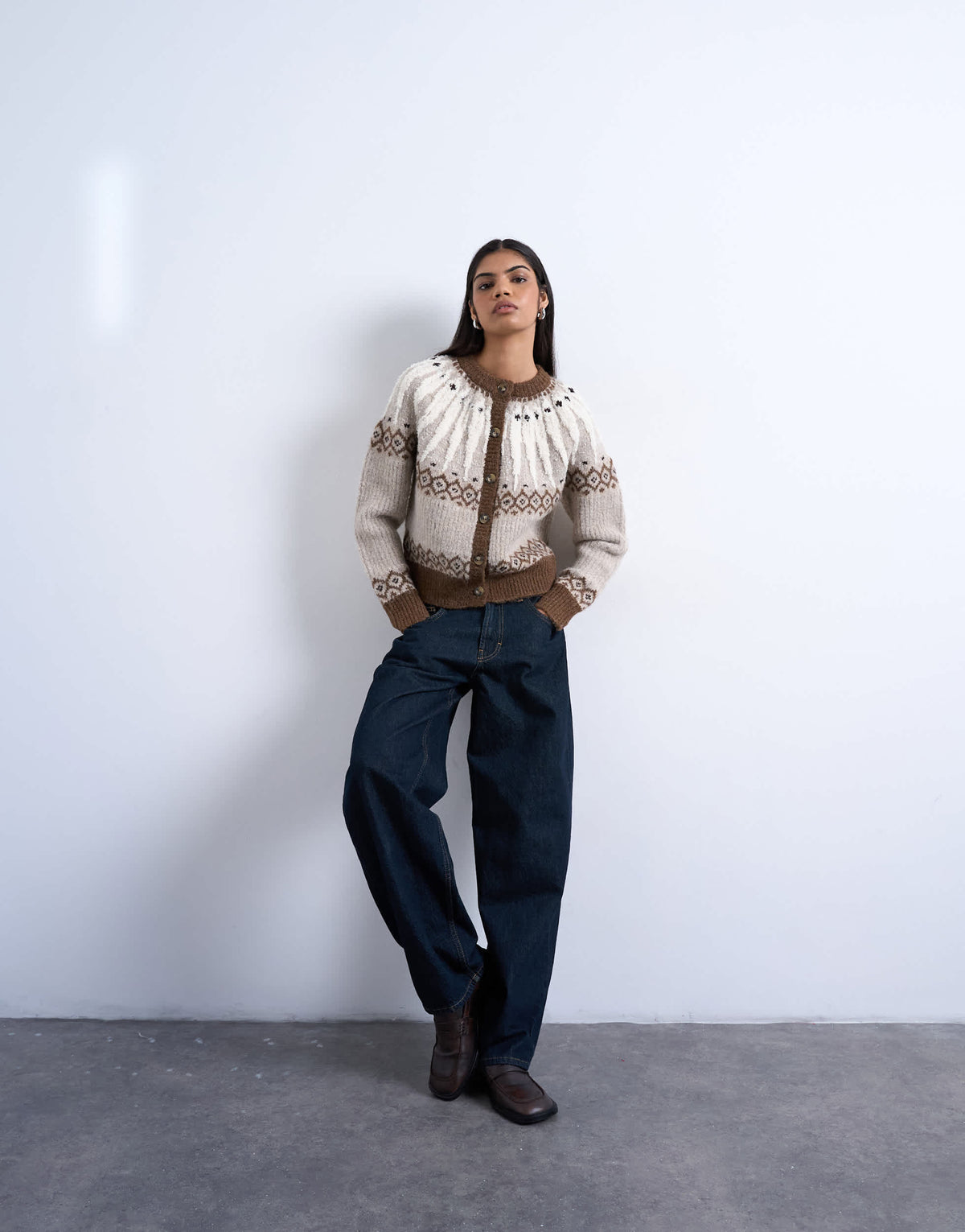 Topshop knitted chunky fairisle cardigan in neutral
