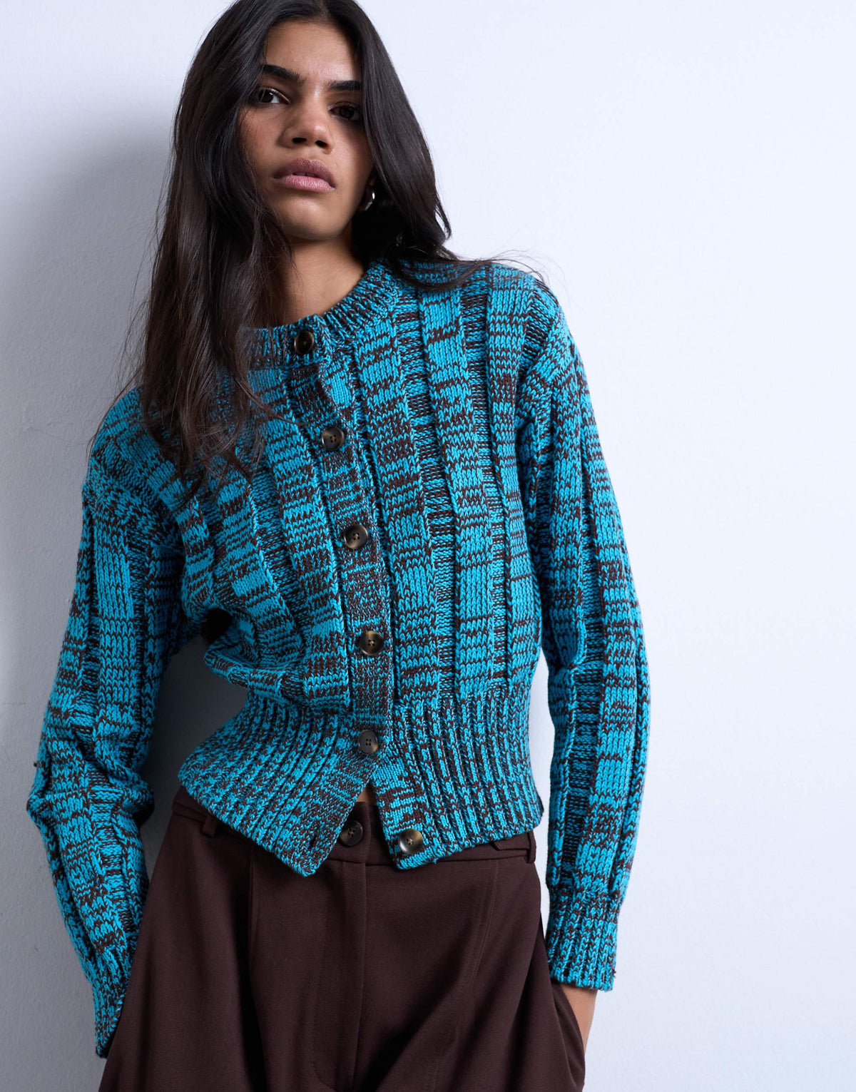 Topshop knitted chunky cinch waist twist cardigan in blue and chocolate
