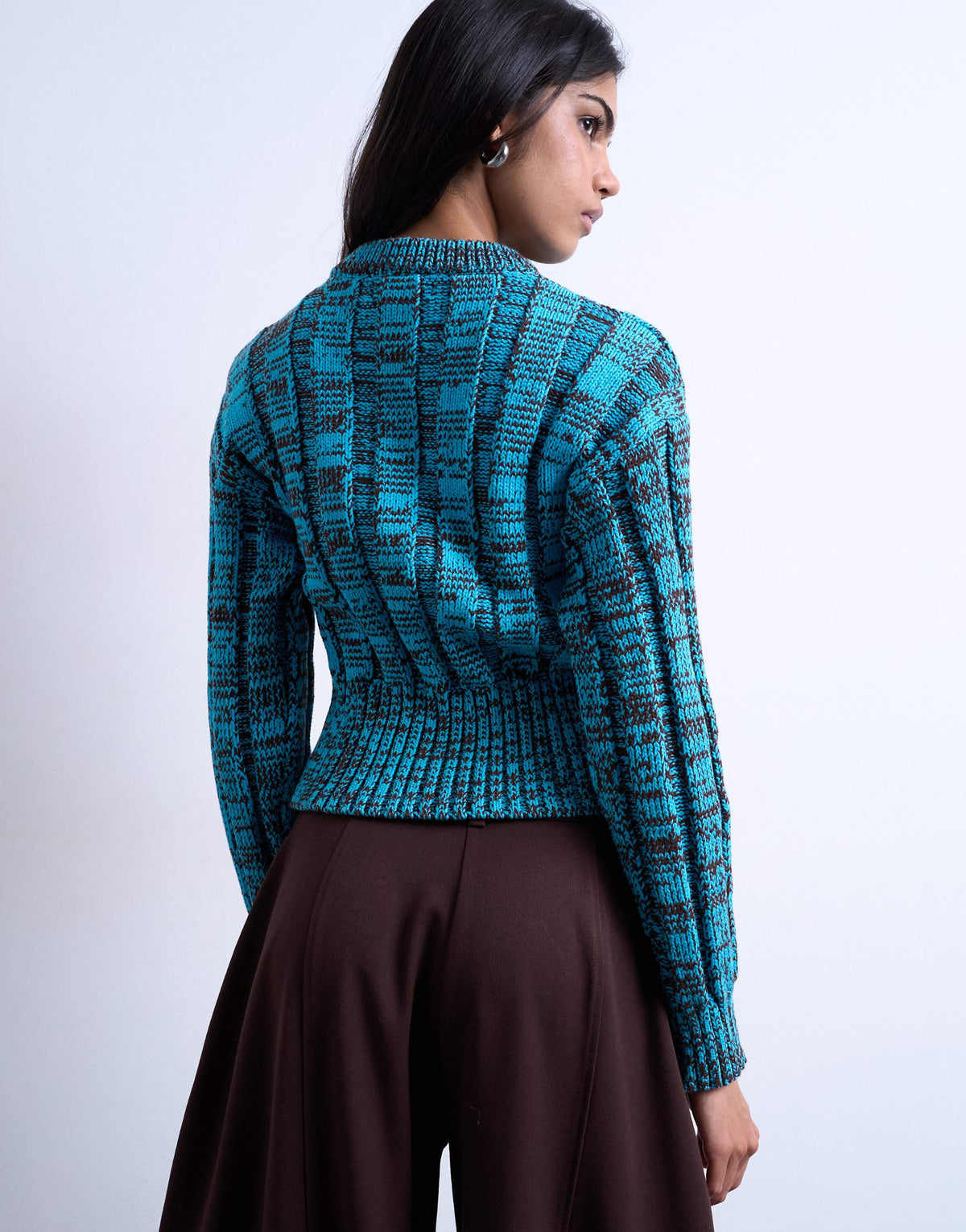 Topshop knitted chunky cinch waist twist cardigan in blue and chocolate