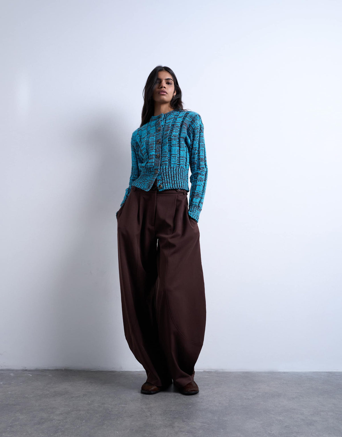 Topshop knitted chunky cinch waist twist cardigan in blue and chocolate