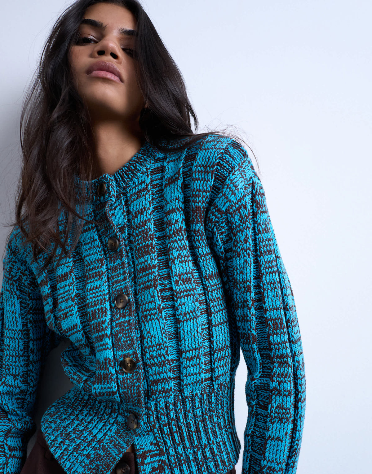 Topshop knitted chunky cinch waist twist cardigan in blue and chocolate
