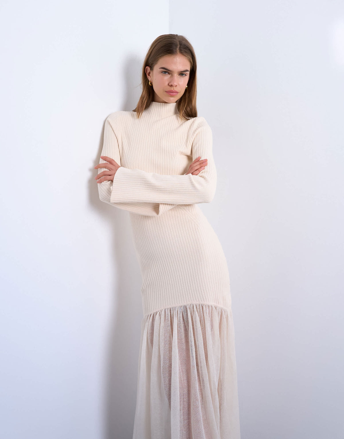 Topshop knitted full skirt dress in ivory