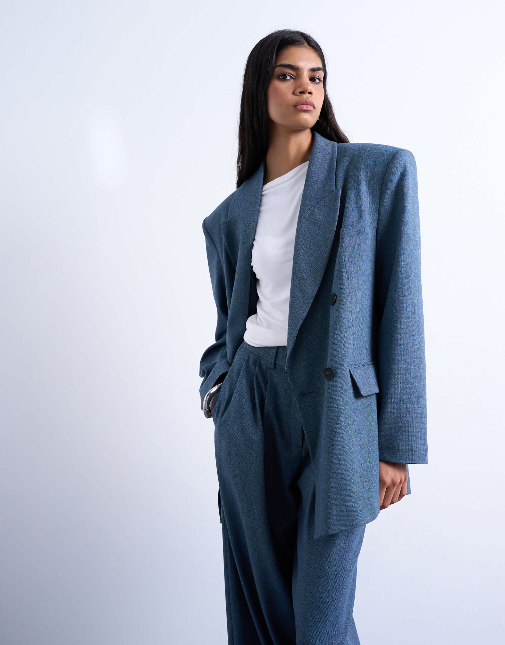 Topshop 80s double breasted oversized suit blazer in navy
