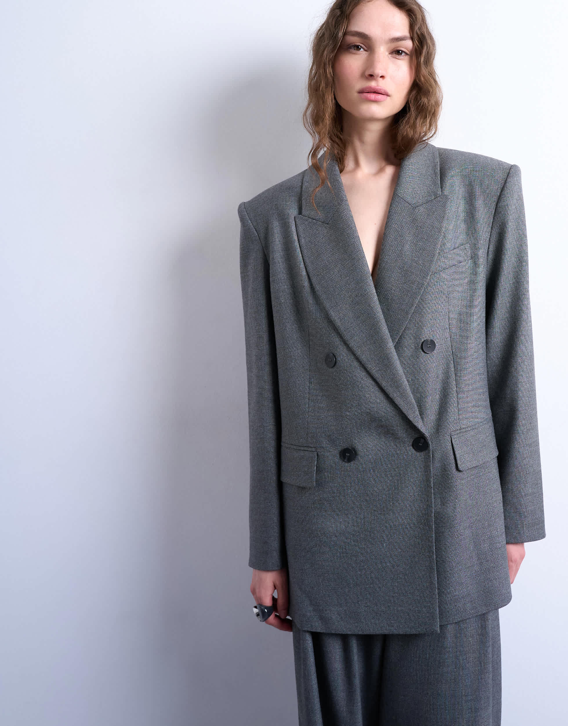 Topshop 80s double breasted oversized blazer in grey