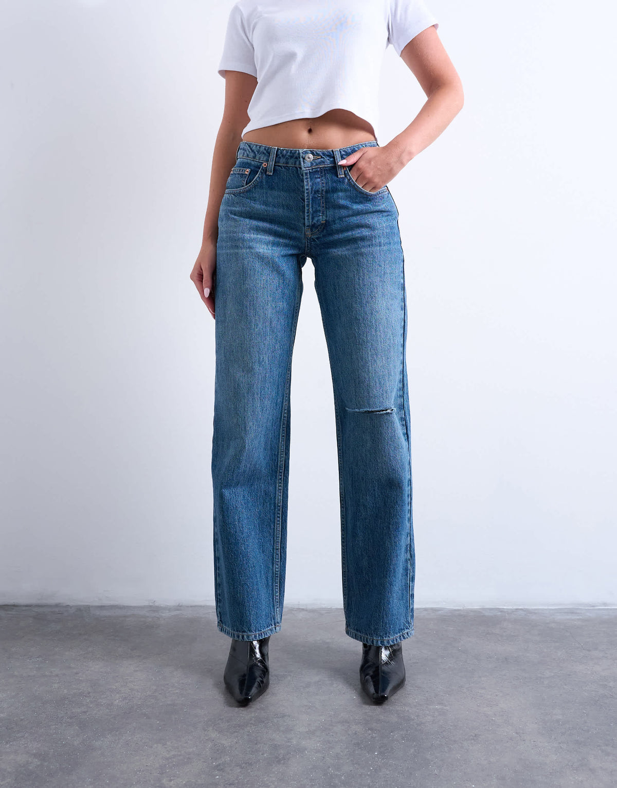 Topshop Hourglass Ember low rise straight leg jean with knee rip in vintage blue