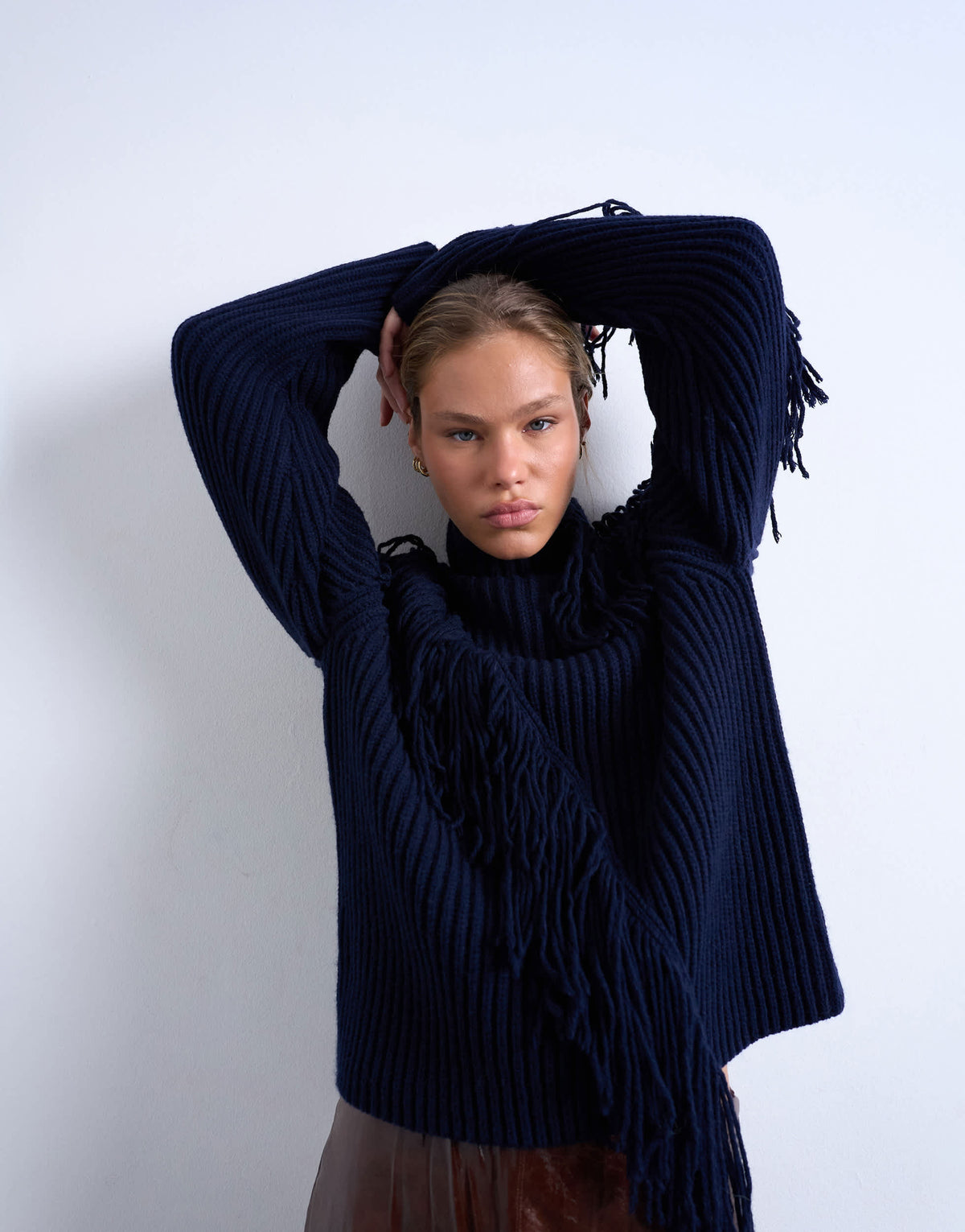 Topshop knitted high neck fringe jumper in navy