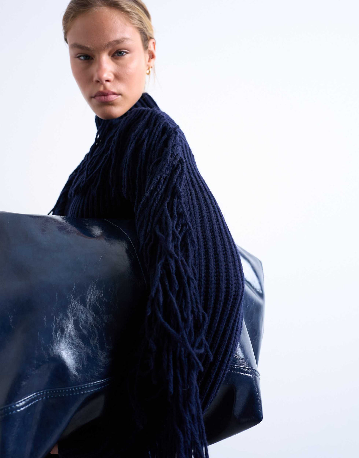 Topshop knitted high neck fringe jumper in navy