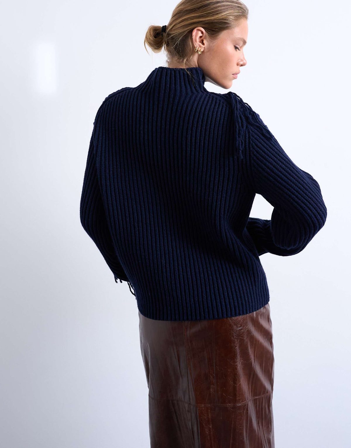 Topshop knitted high neck fringe jumper in navy