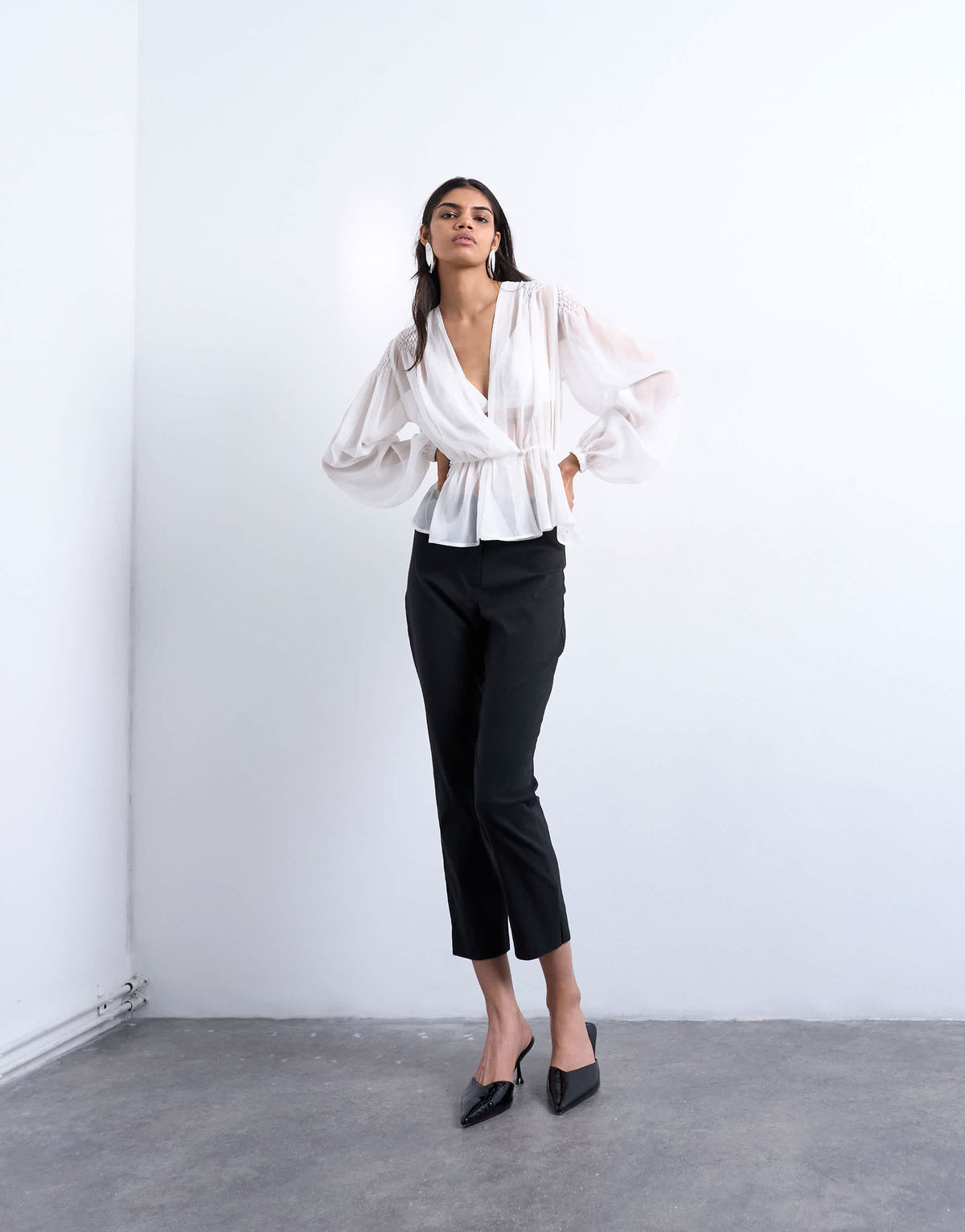 Topshop chiffon sheer panel long sleeve blouse in ivory