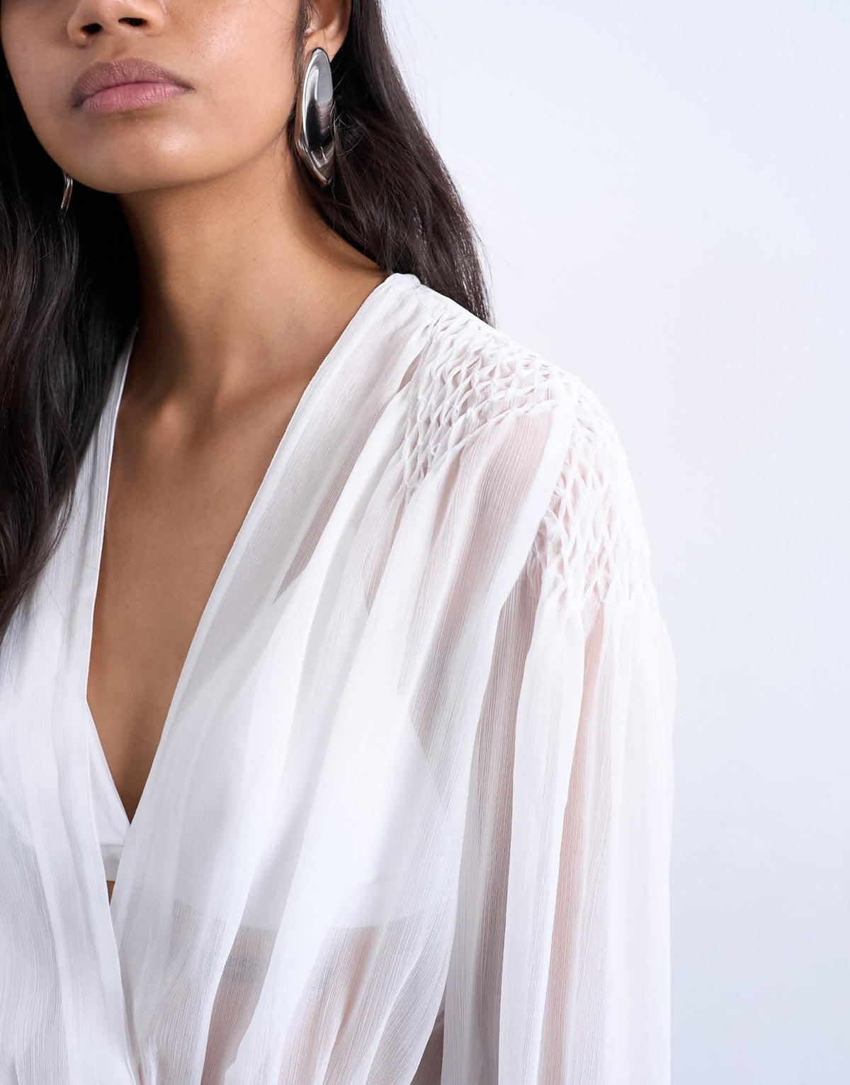 Topshop chiffon sheer panel long sleeve blouse in ivory