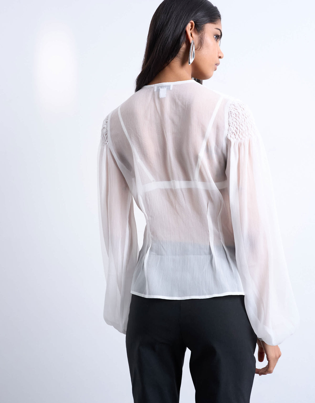 Topshop chiffon sheer panel long sleeve blouse in ivory