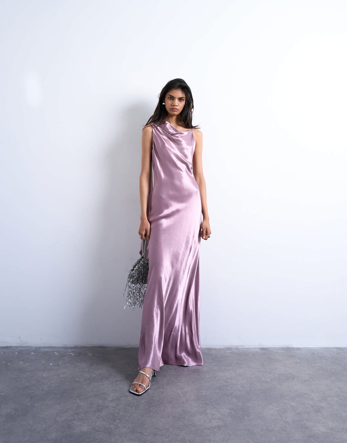 Topshop ruched side midi dress with drape back detail in dusky purple