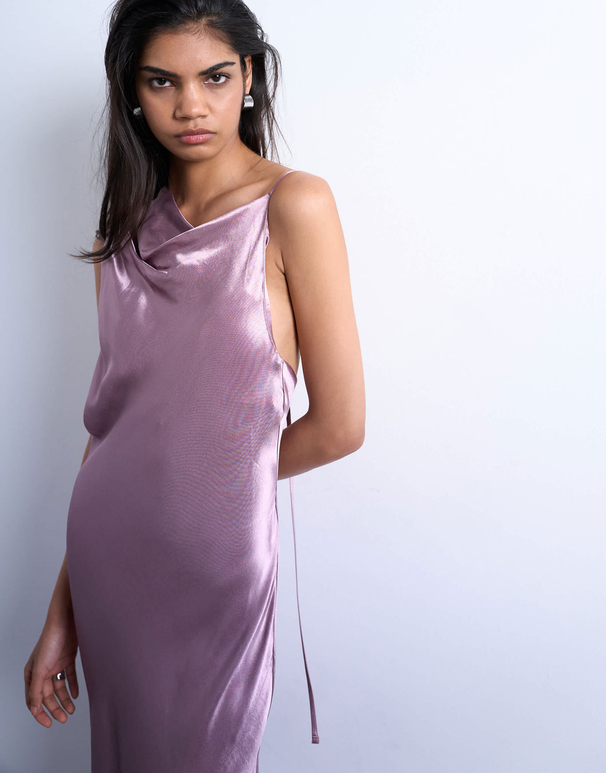 Topshop ruched side midi dress with drape back detail in dusky purple