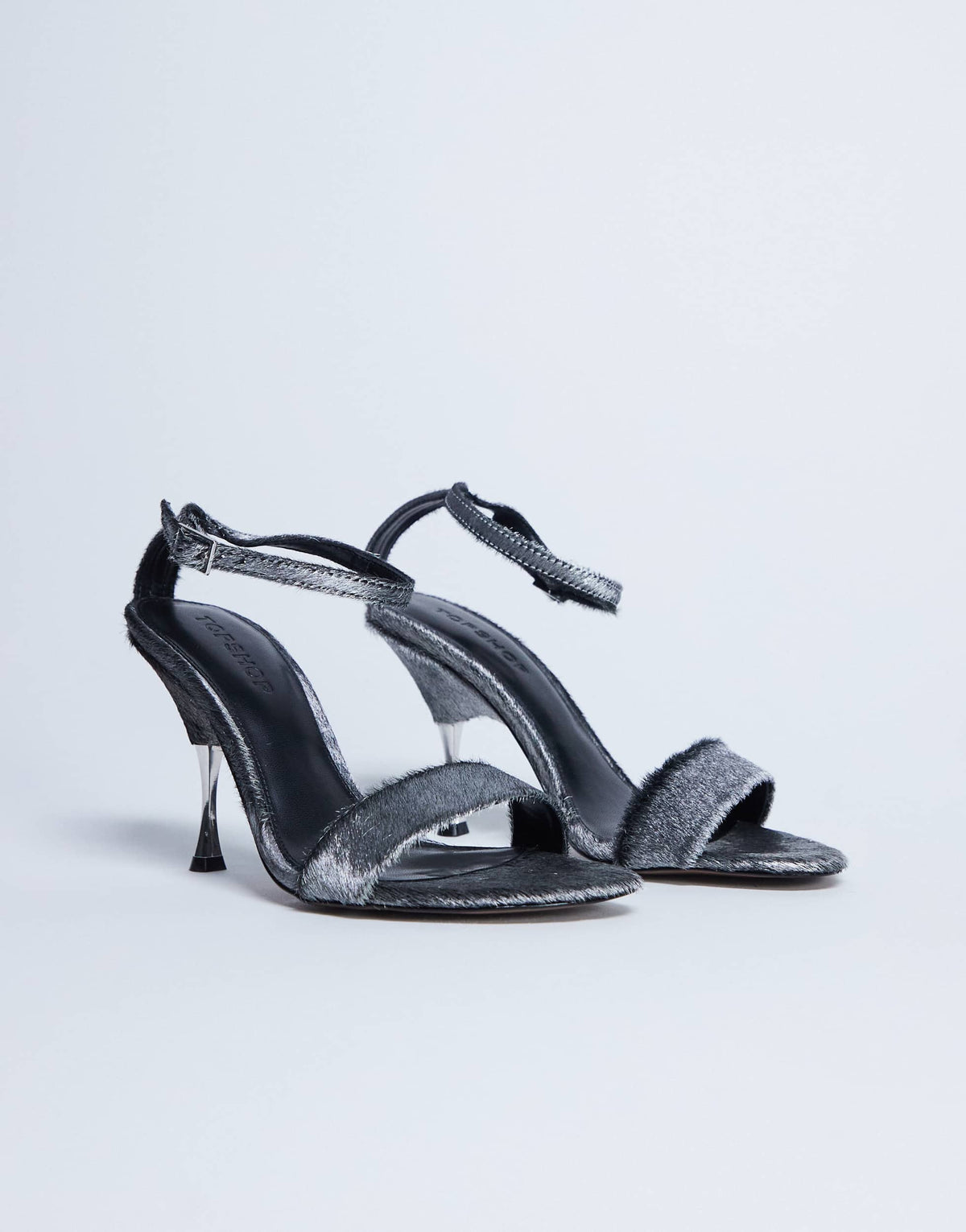 Topshop Fran metal high heel sandal in silver hair on real leather