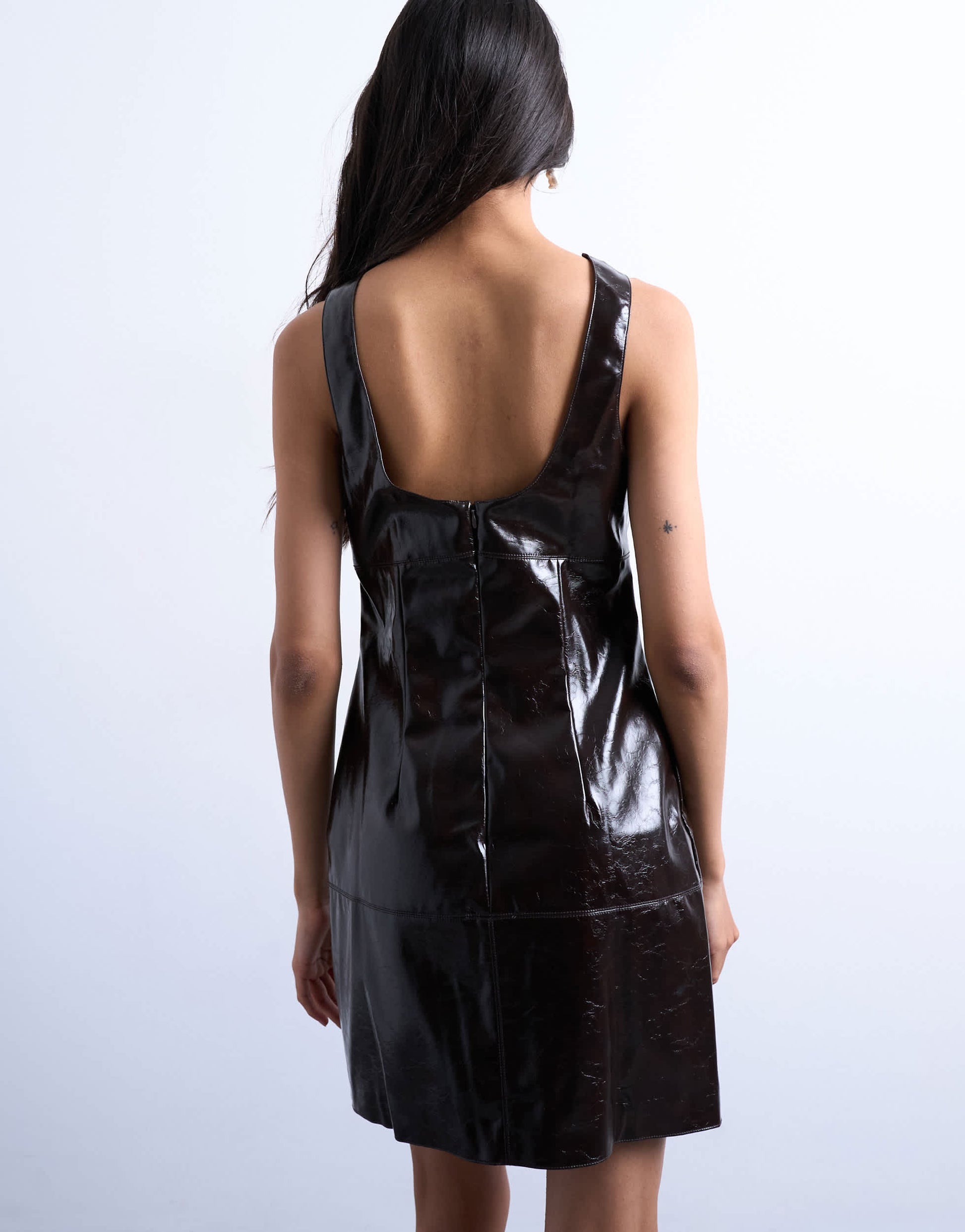 Topshop vinyl seamed detail mini dress in washed brown