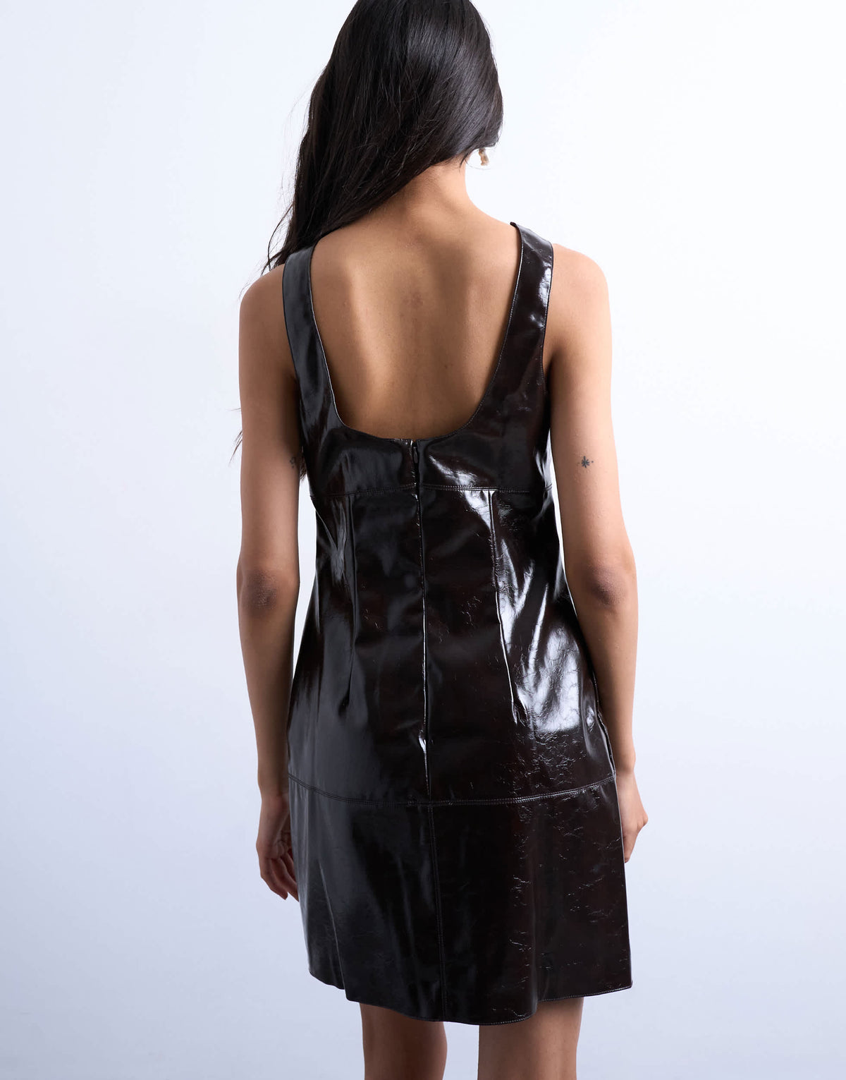 Topshop vinyl seamed detail mini dress in washed brown
