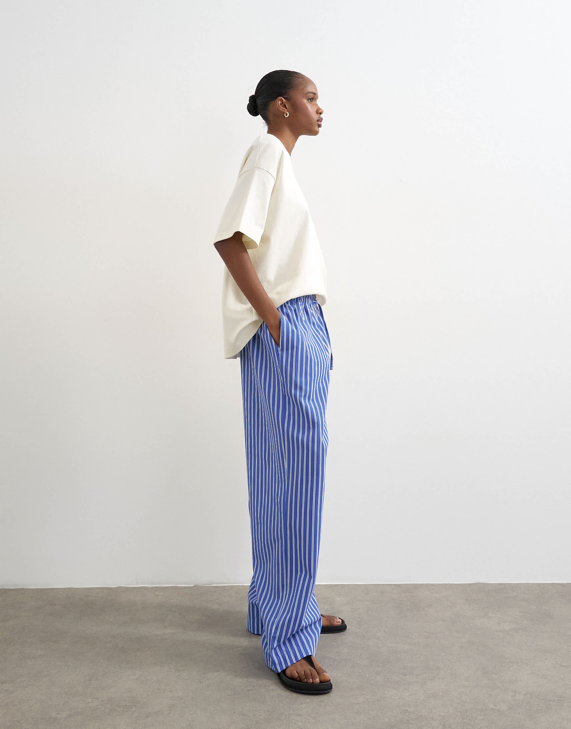 Topshop poplin pull on wide leg trouser in dark blue stripe