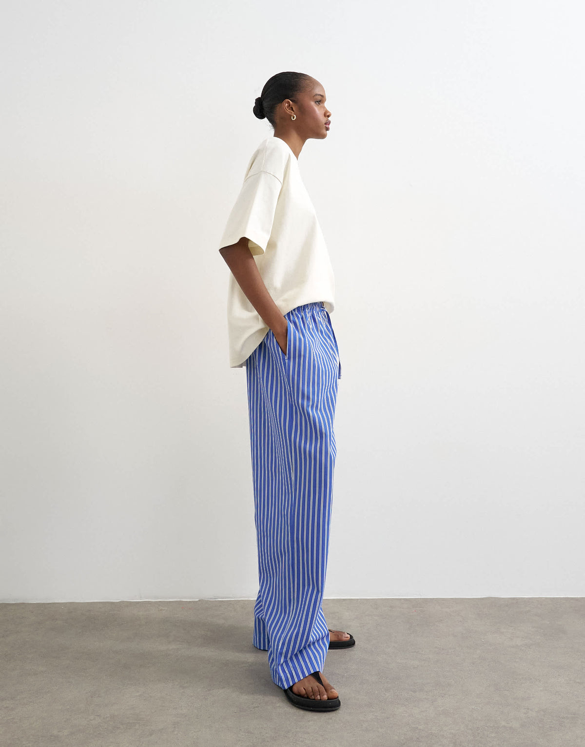 Topshop poplin pull on wide leg trouser in dark blue stripe