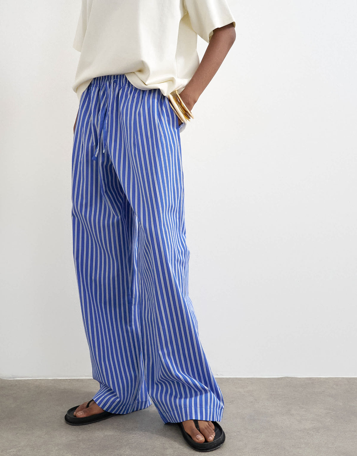 Topshop poplin pull on wide leg trouser in dark blue stripe