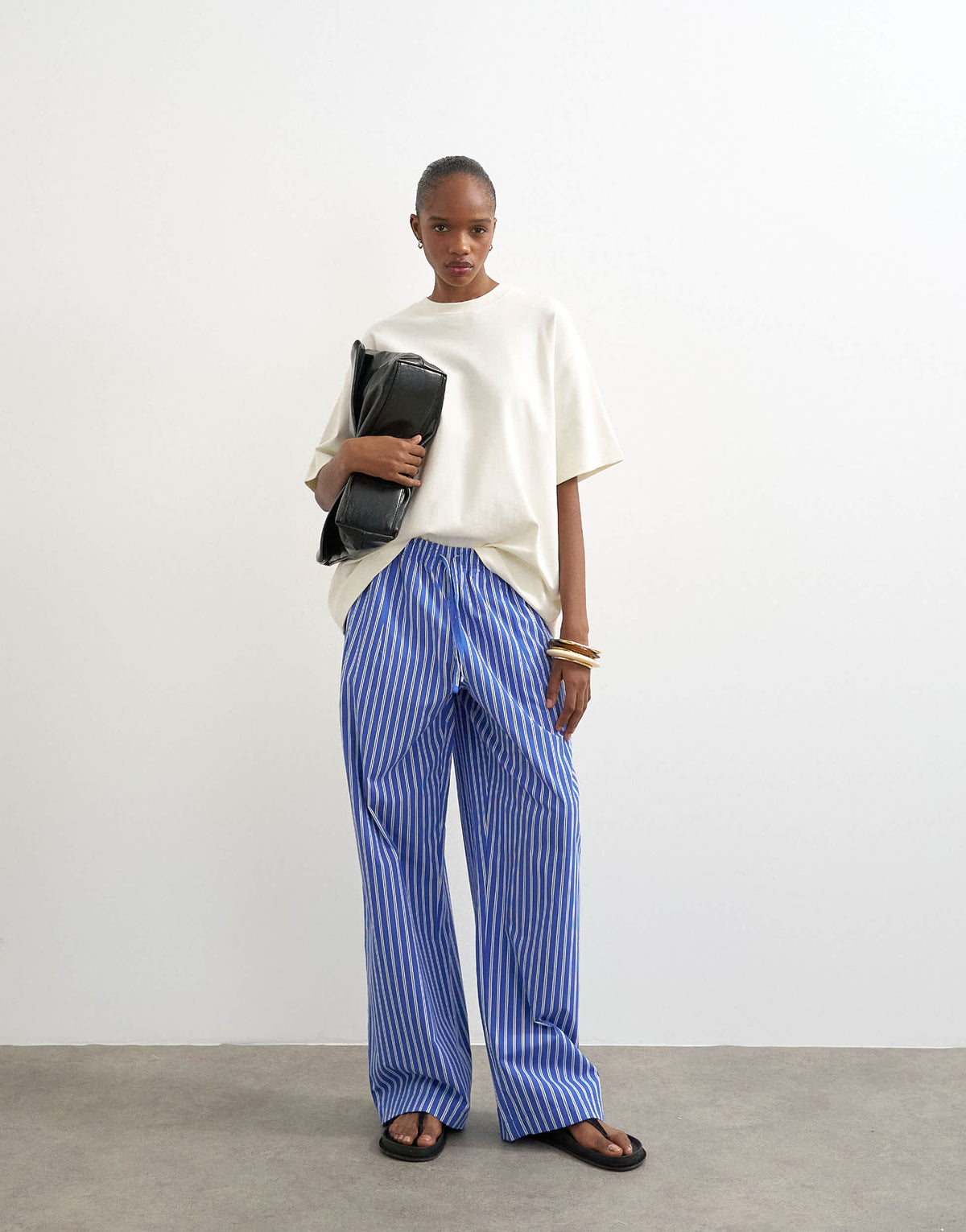 Topshop poplin pull on wide leg trouser in dark blue stripe