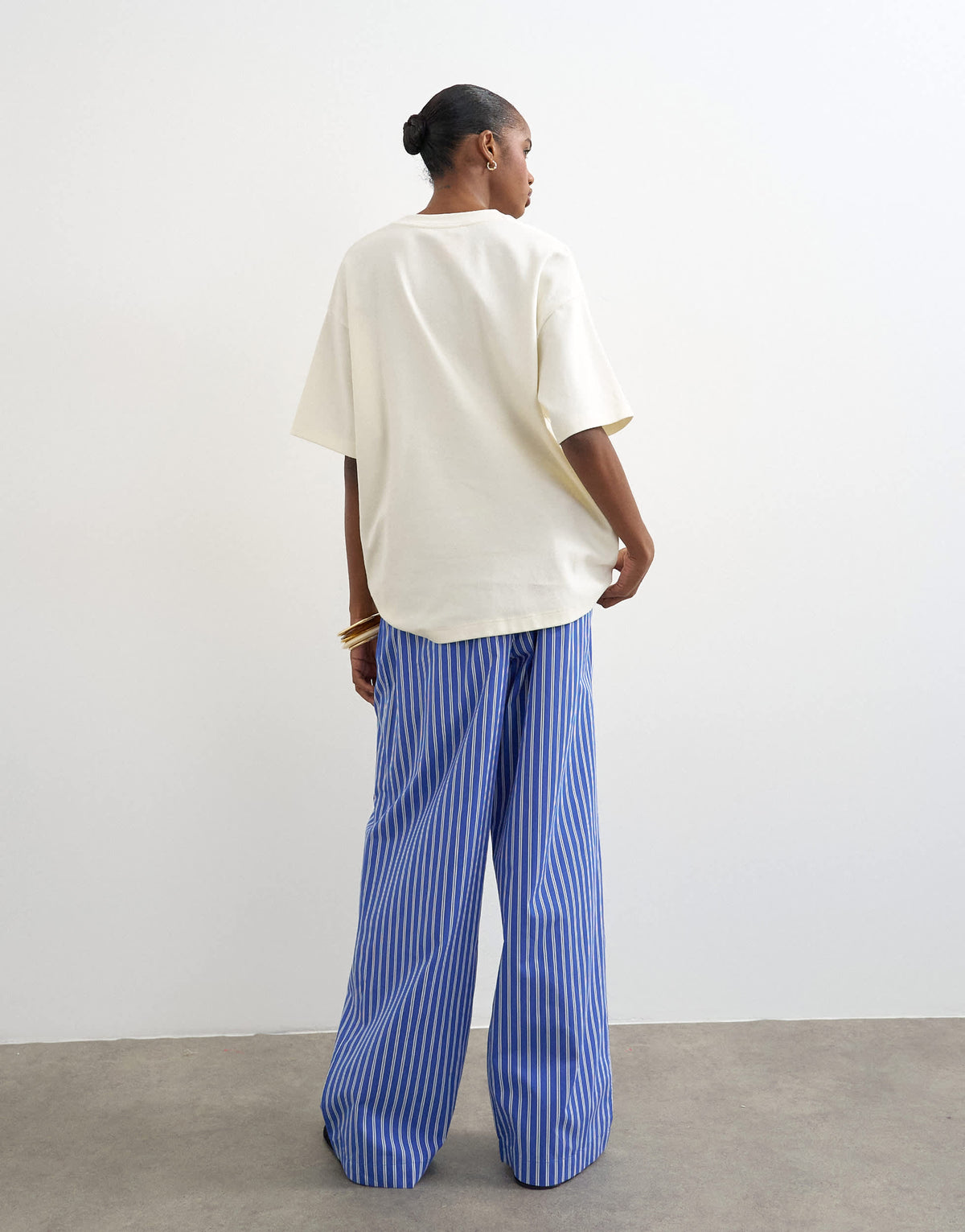 Topshop poplin pull on wide leg trouser in dark blue stripe