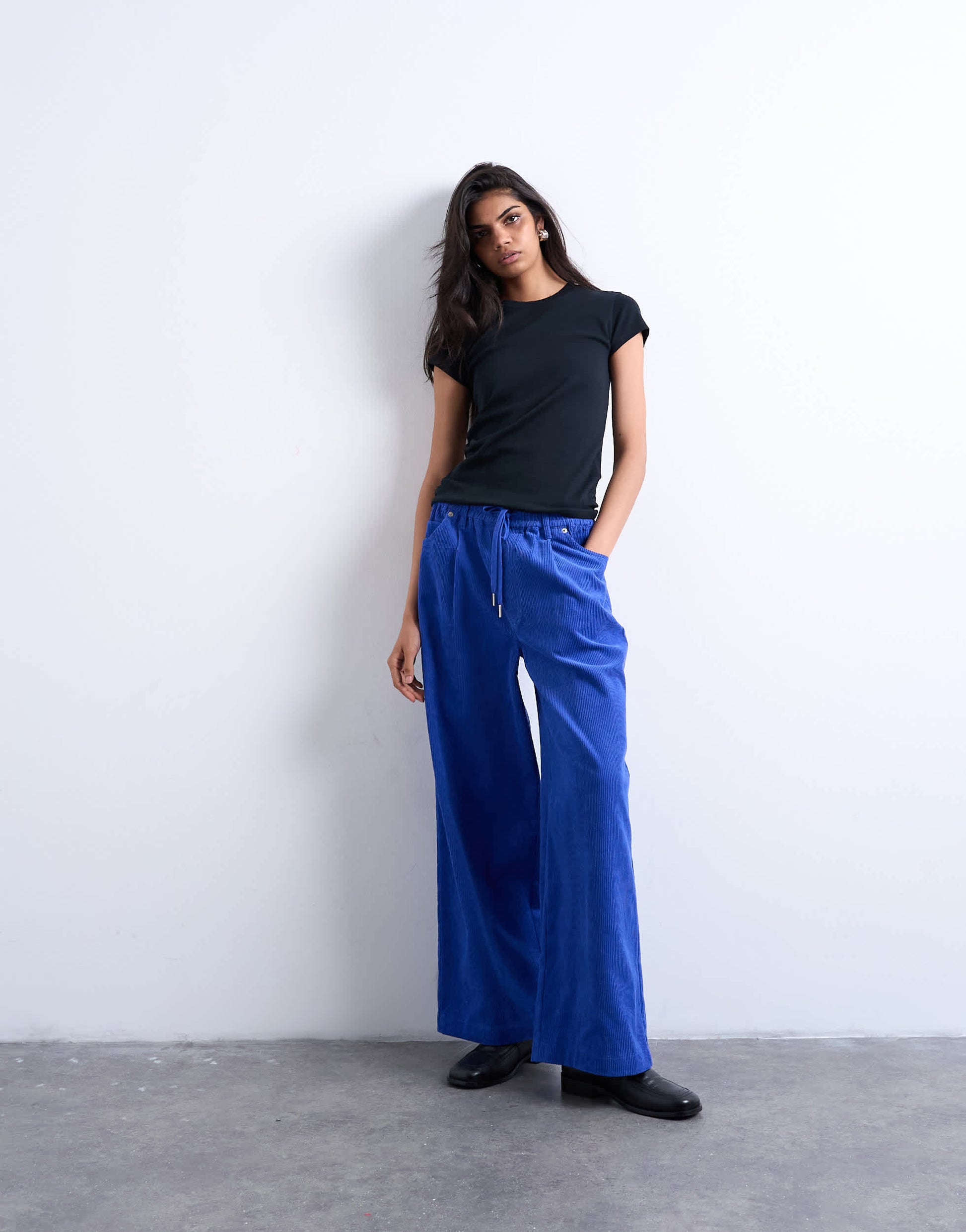 Topshop cord wide leg trouser with drawcord in cobalt