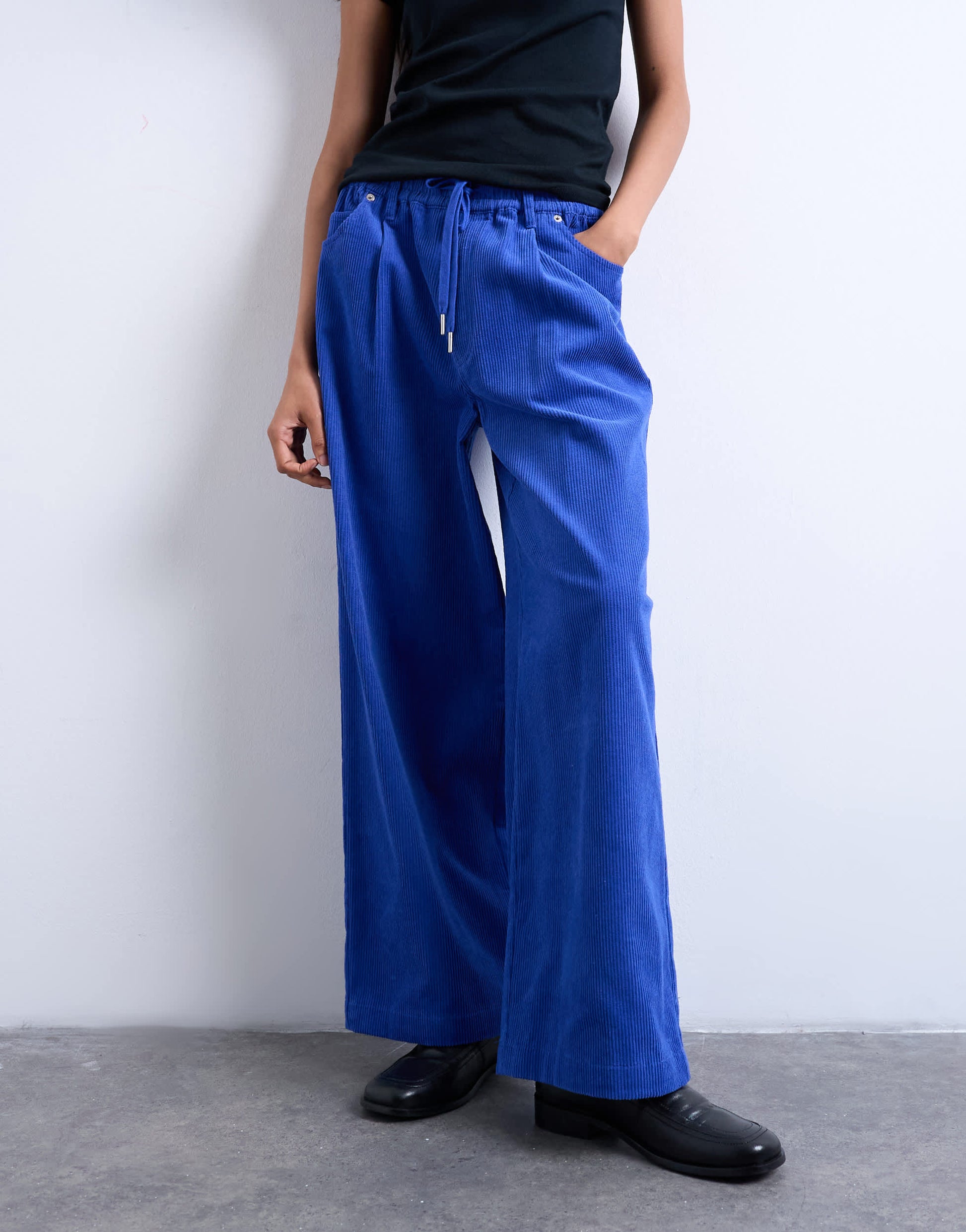 Topshop cord wide leg trouser with drawcord in cobalt