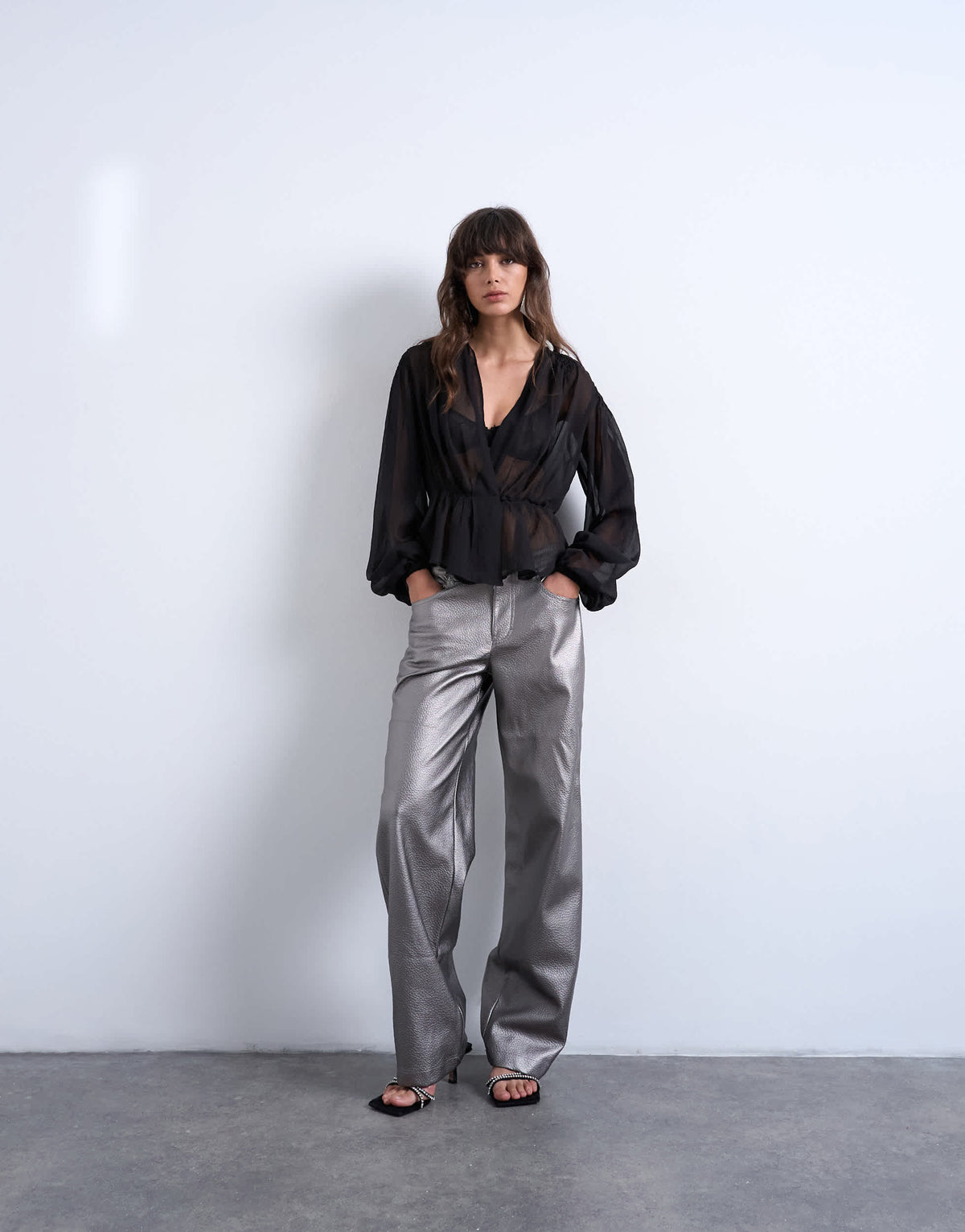 Topshop faux leather metallic cinch trouser in silver
