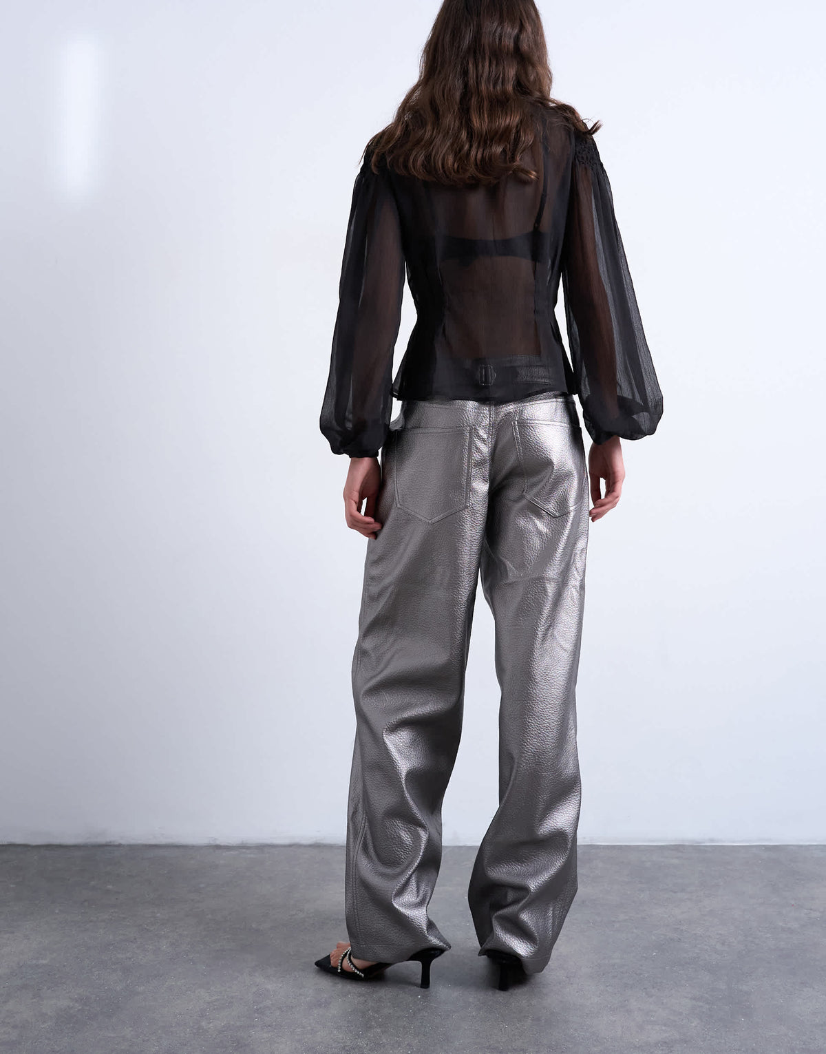 Topshop faux leather metallic cinch trouser in silver