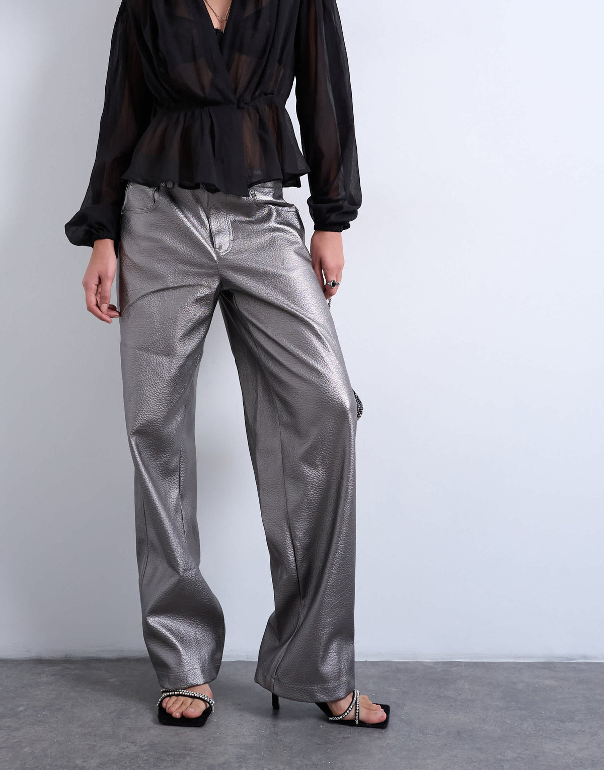 Topshop faux leather metallic cinch trouser in silver