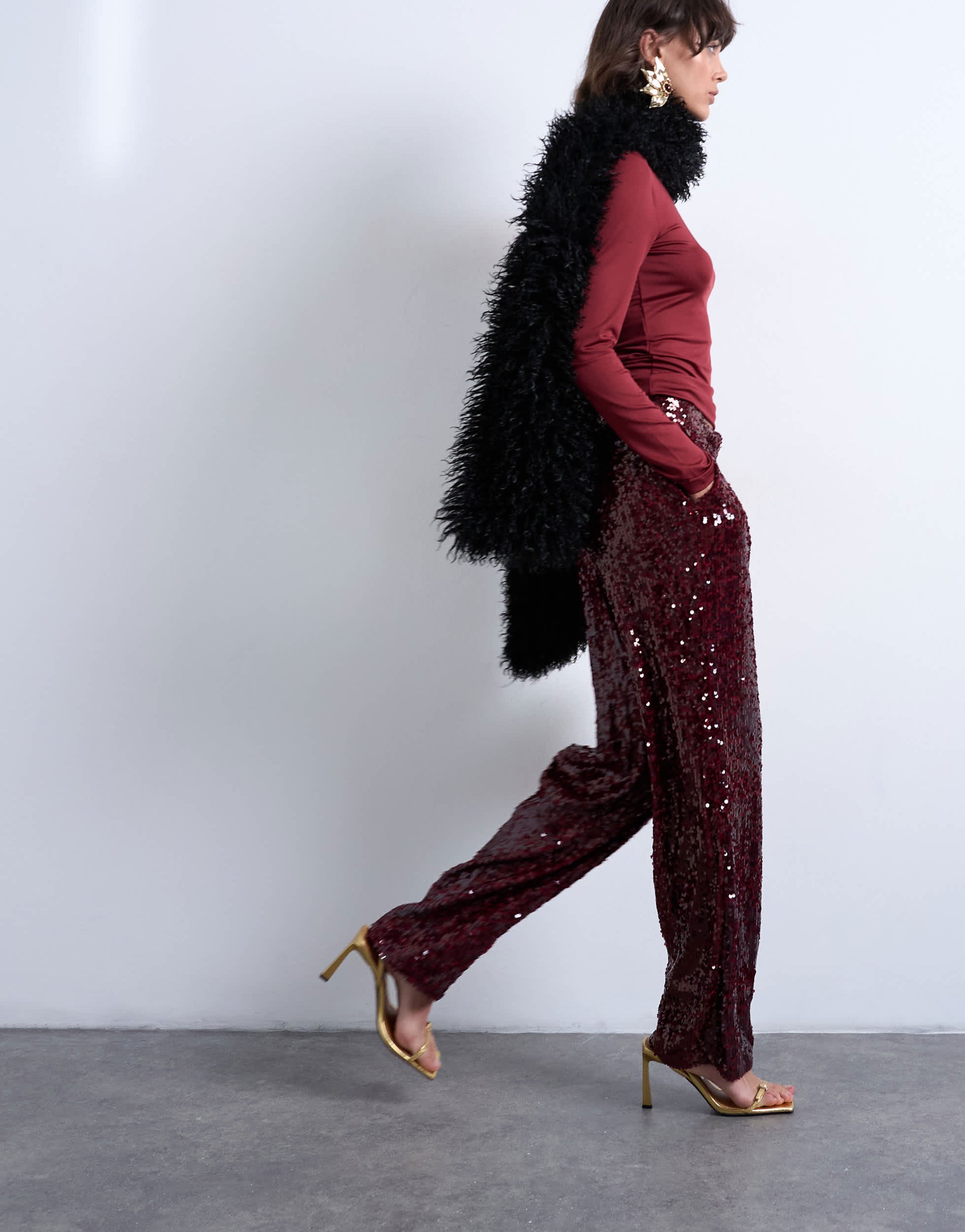 Topshop sequin tailored trouser in burgundy
