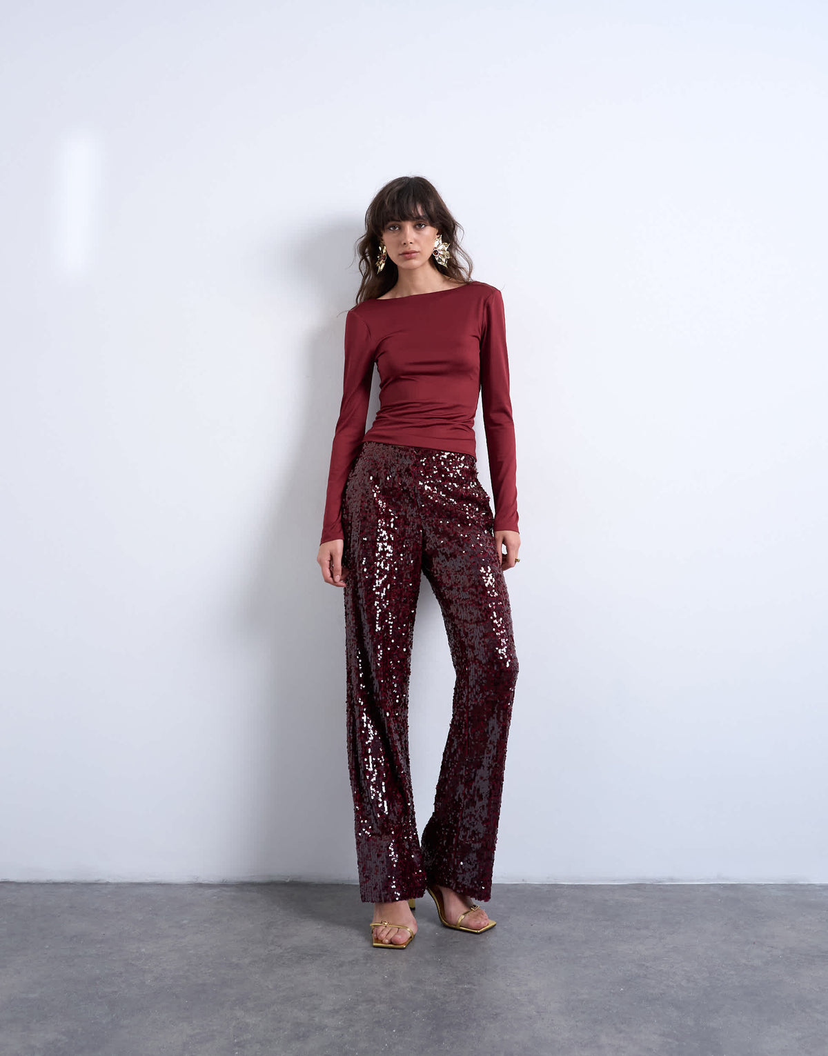 Topshop sequin tailored trouser in burgundy