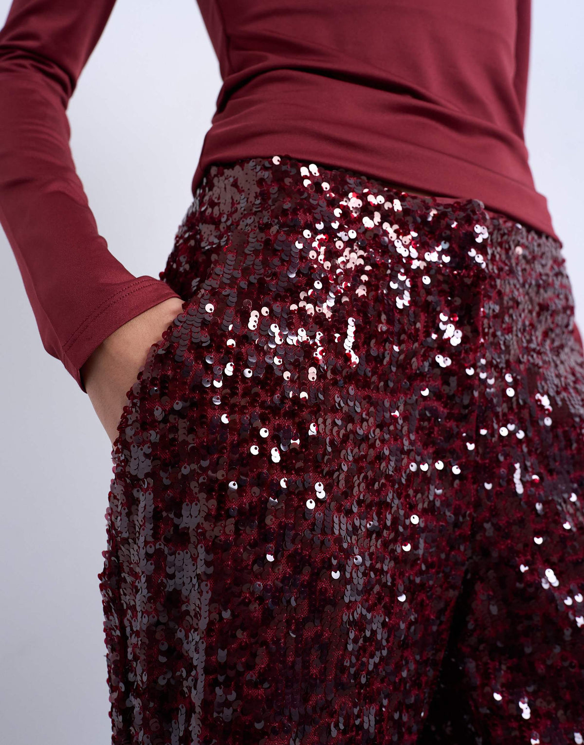 Topshop sequin tailored trouser in burgundy