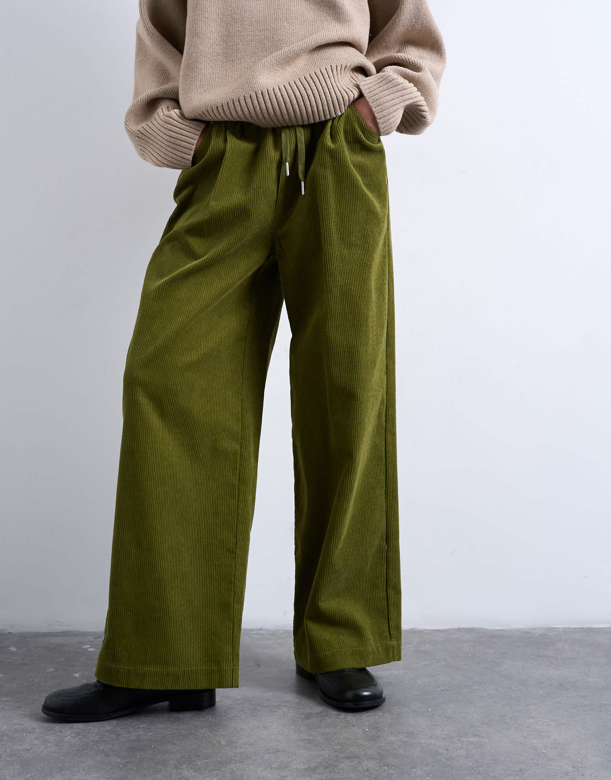 Topshop cord wide leg trouser with drawcord in green