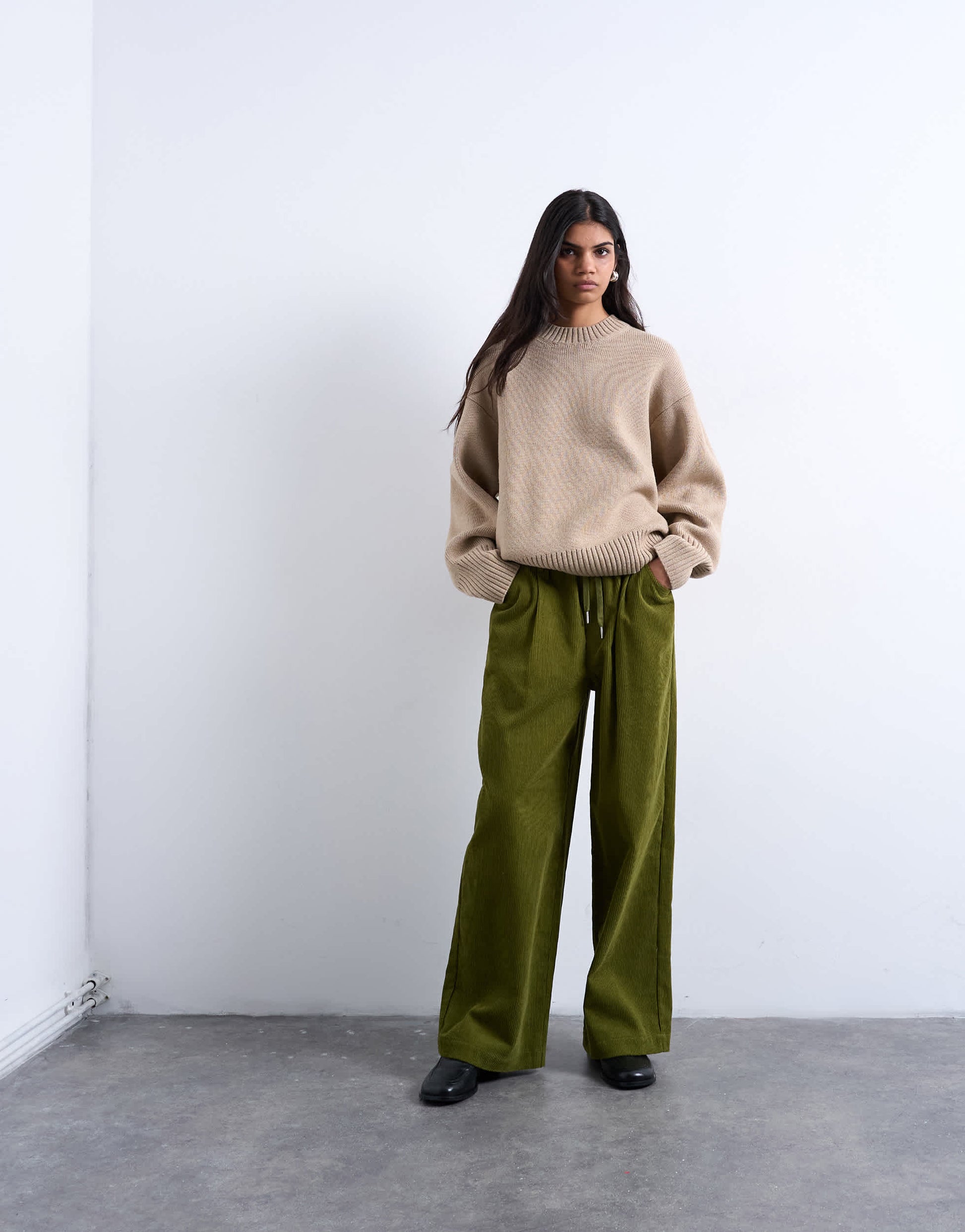 Topshop cord wide leg trouser with drawcord in green