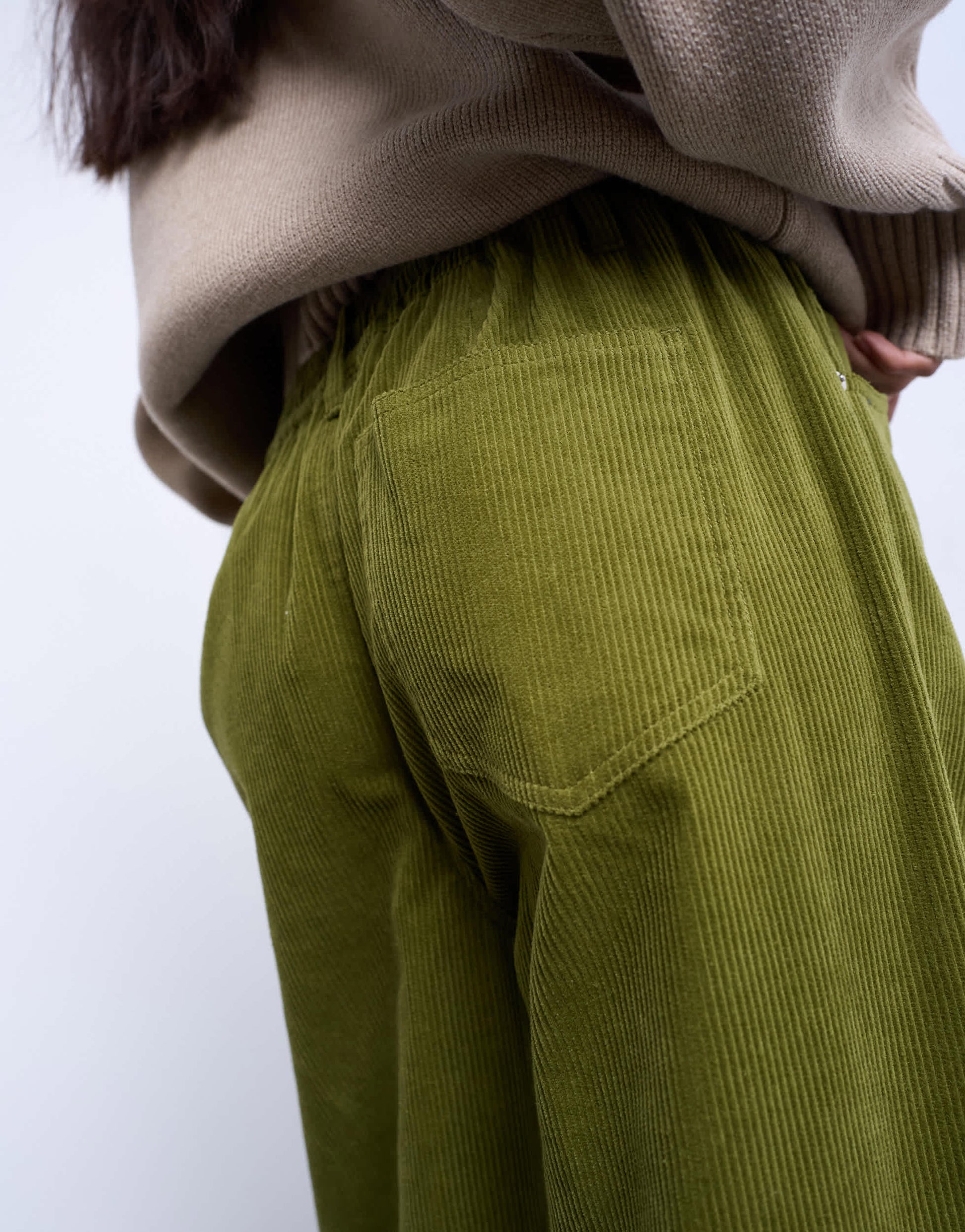 Topshop cord wide leg trouser with drawcord in green