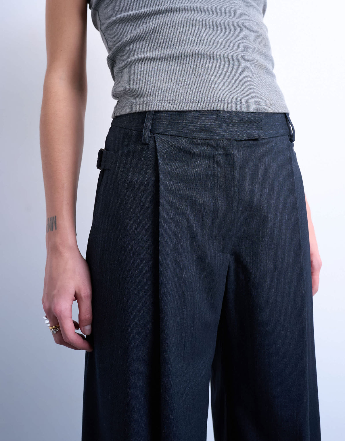 Topshop co ord subtle pinstripe low rise buckle detail trouser in navy