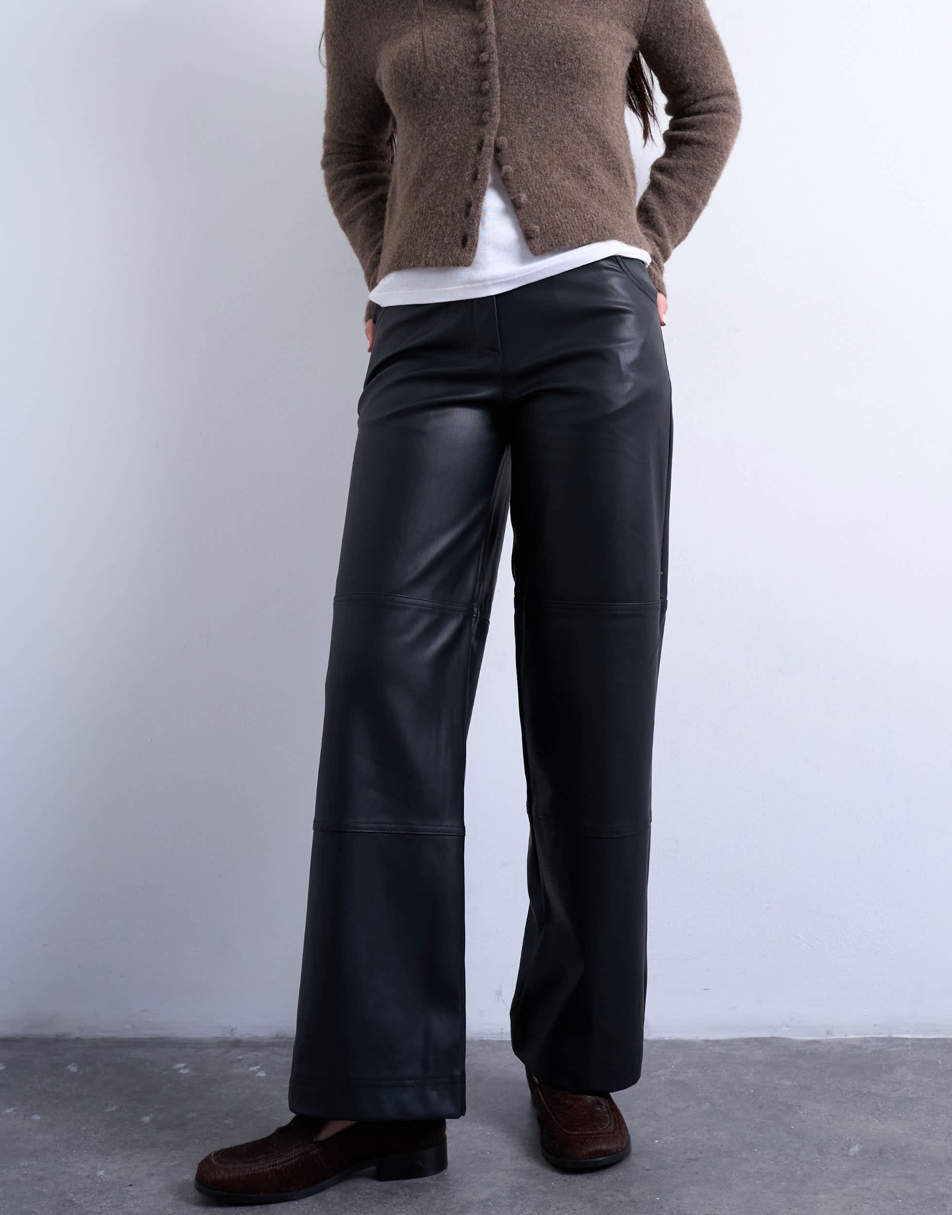 Topshop faux leather seam detail straight leg trouser in black